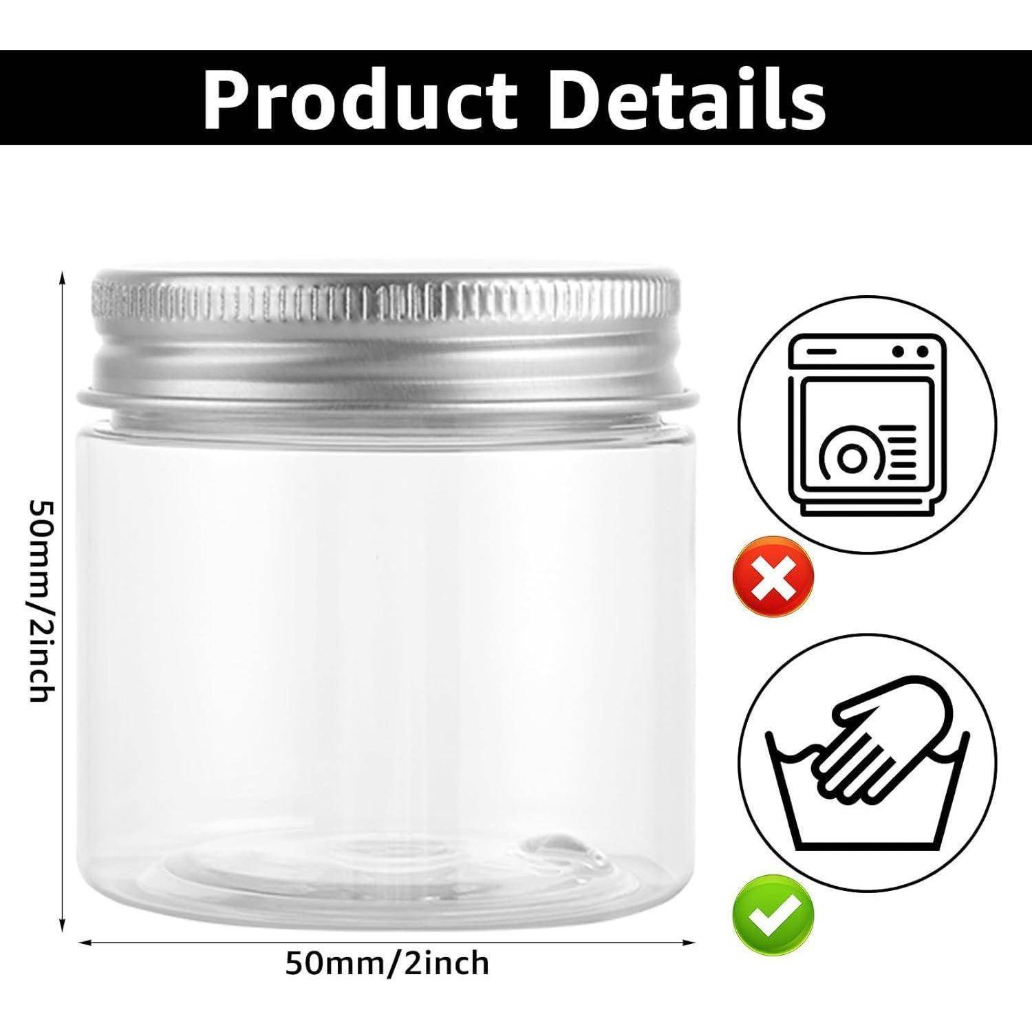 Produktdetails: Abbildung eines durchsichtigen Plastikglases mit silberfarbenem Deckel, Maße 50mm/2 Zoll. Symbol zeigt an, dass nur Handwäsche empfohlen wird.