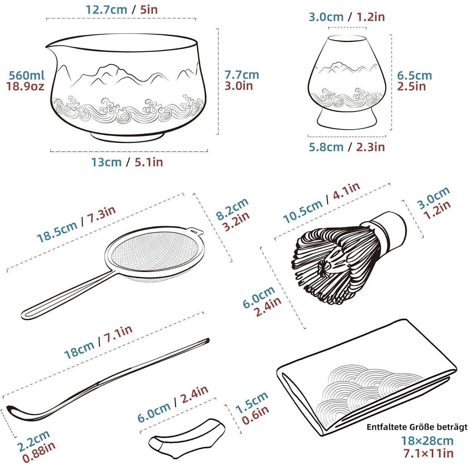 Japanisches Tee-Set-Illustration mit Maßangaben: Schalen, Schneebesen, Schöpfkelle, Sieb, Löffel, Tuch. Inklusive Abmessungen in cm und Zoll.