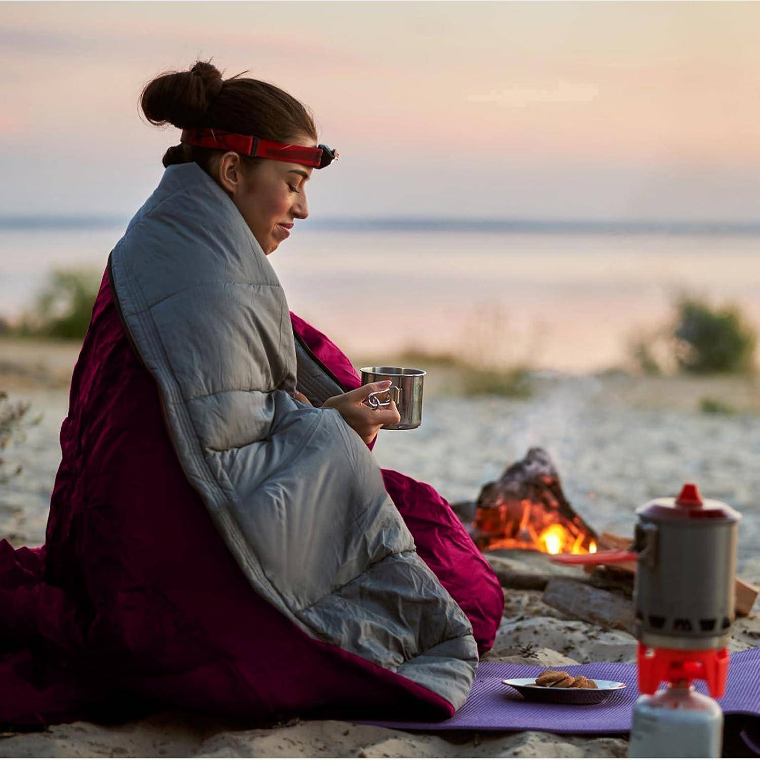 Eine Person sitzt in einen Schlafsack gehüllt an einem Strand nahe einem Lagerfeuer und hält eine Tasse. Es ist früher Morgen oder später Abend.