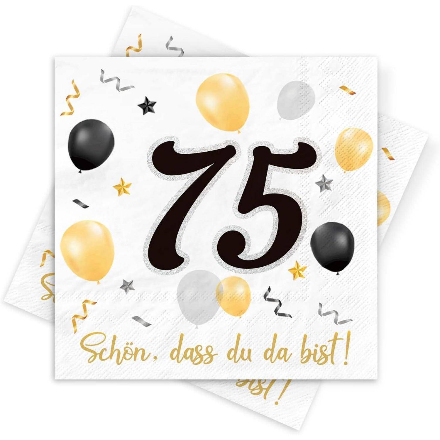 75' in großen schwarzen Zahlen mit gold-, schwarz- und silberfarbenen Luftballons verstreut. Deutscher Text darunter liest sich: 'Schön, dass du da bist!