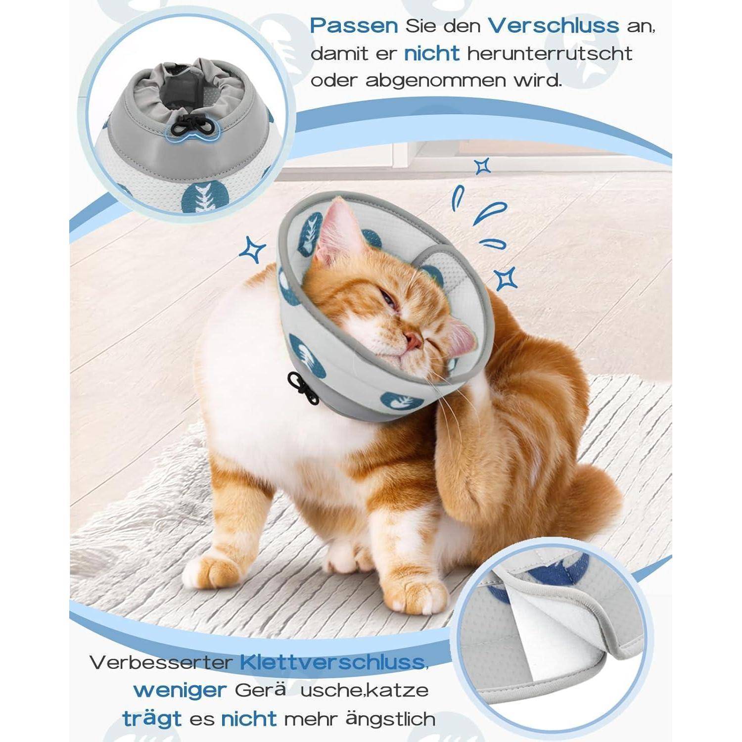 Eine Katze mit einem Schutzkragen leckt ihre Pfote. Der Kragen ist verstellbar und verfügt über ein verspieltes Blattmuster, das für Komfort entwickelt wurde. Der deutsche Text erklärt seine Vorteile zur Reduzierung von Stress bei Haustieren.