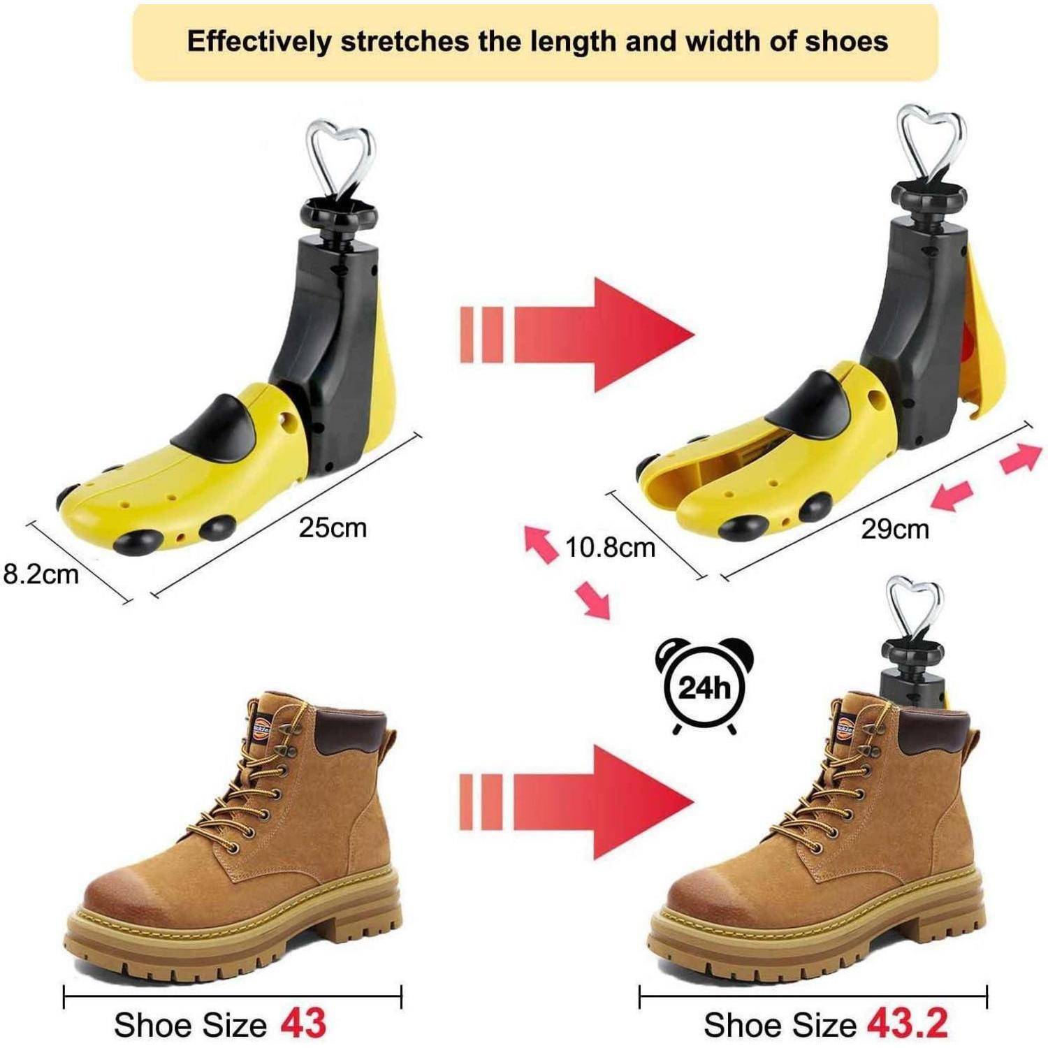 Schuh-Streckwerkzeug zeigt seine Funktion zur Erweiterung der Schuhgröße, dargestellt mit Pfeilen. Demonstriert die Vergrößerung von Schuhen von Größe 43 auf 43,2.