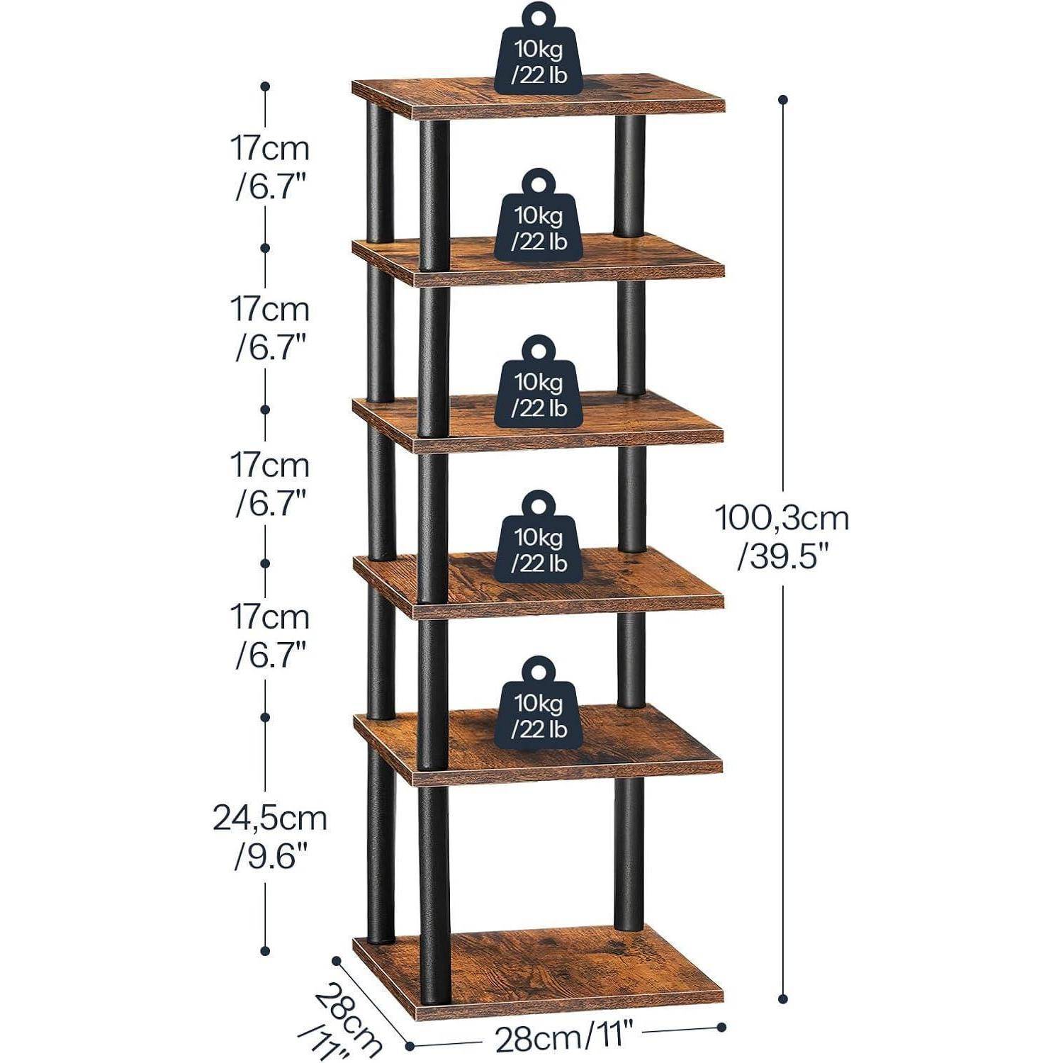 Hoher Holz-Regalschrank mit fünf Ebenen, jede mit einer Tragfähigkeit von 10 kg/22 lb gekennzeichnet. Gesamthöhe 100,3 cm, Breite 28 cm, Tiefe 28 cm.
