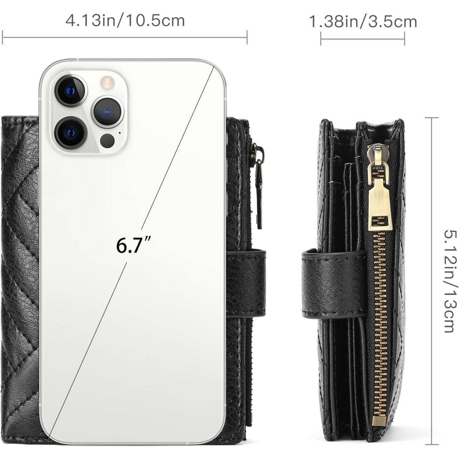 Schwarze gesteppte Geldbörse mit Reißverschluss, die neben einem 6,7-Zoll-Smartphone gezeigt wird und die Abmessungen verdeutlicht: 10,5 cm breit, 13 cm hoch, 3,5 cm tief.