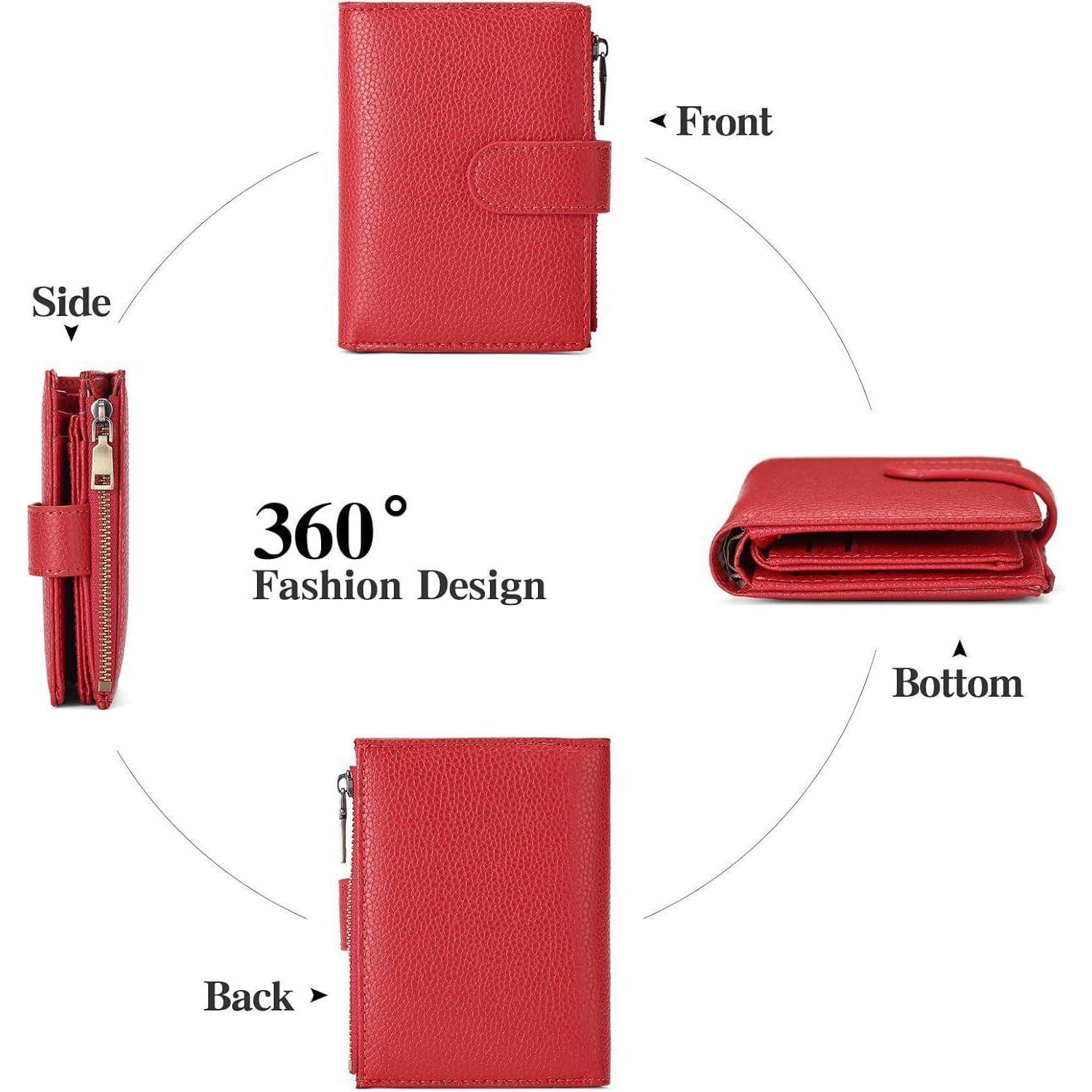 Rotes Lederbörse, 360-Grad-Ansicht: vorne, seitlich, hinten, Unterseite. Stilvolles Modedesign.