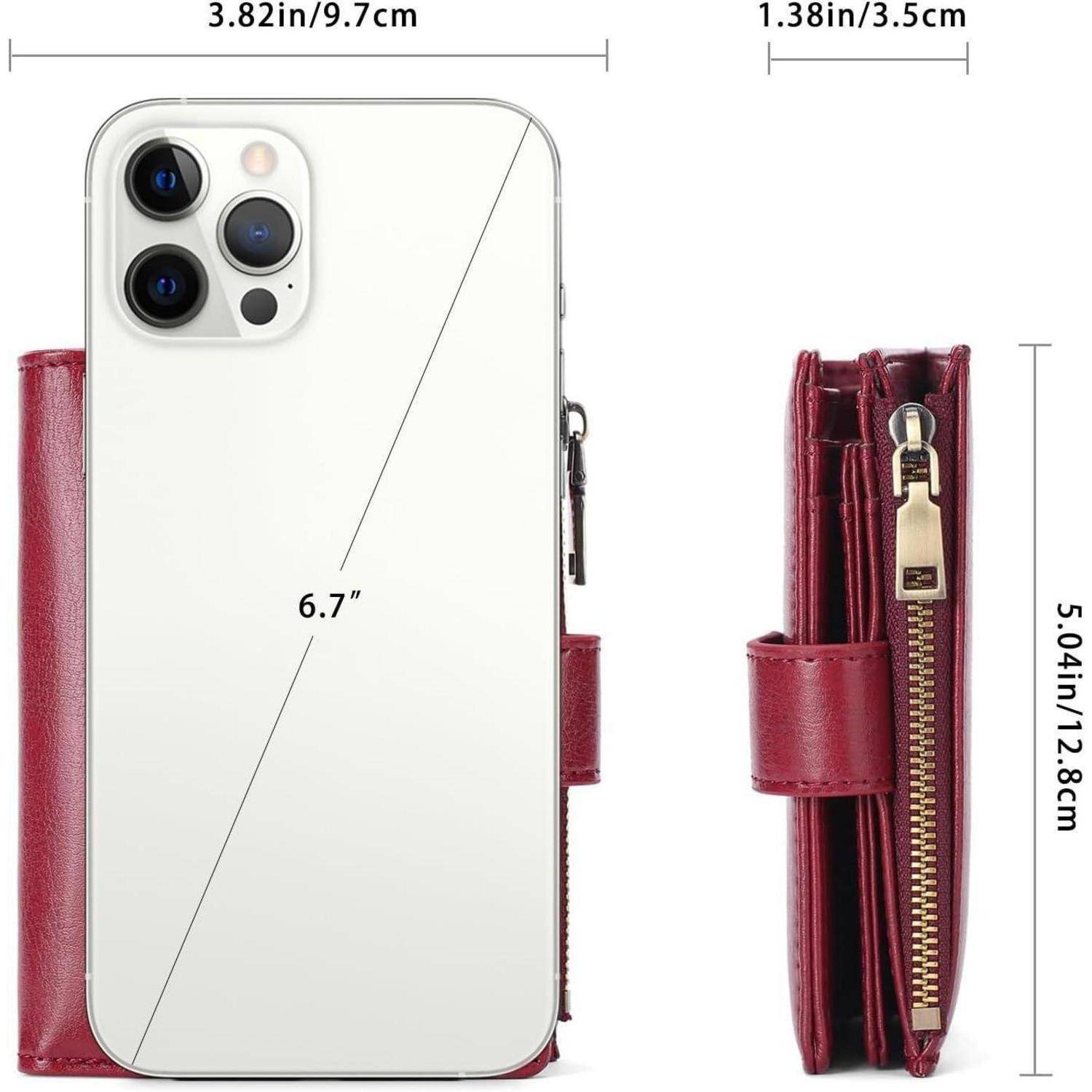 Ein Telefon und eine rote Brieftasche liegen nebeneinander. Das Telefon misst diagonal 6,7 Zoll und ist 3,82 Zoll breit. Die Brieftasche ist 5,04 Zoll hoch.