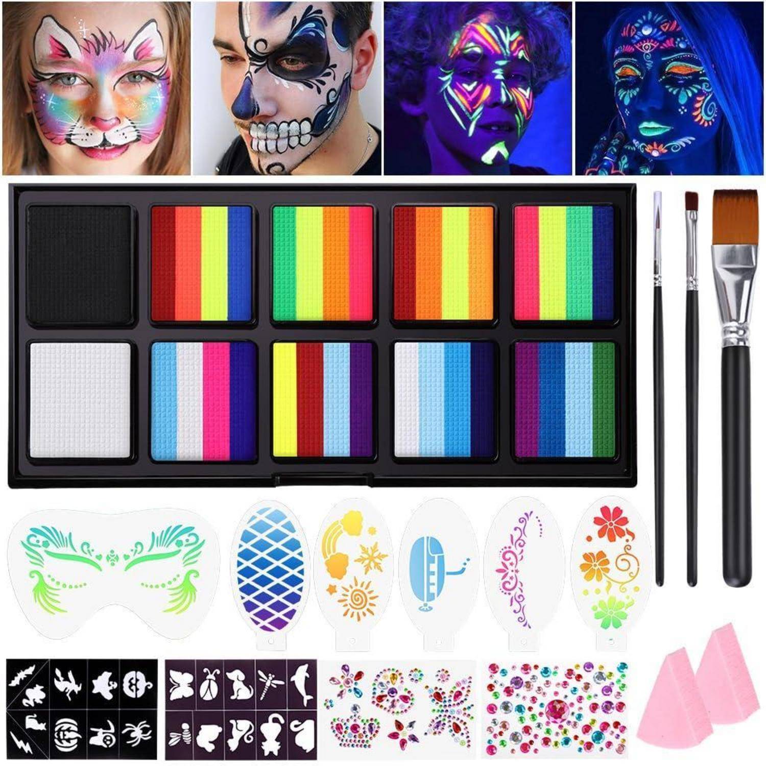 Schminkset mit mehreren Farben, Pinseln und Schablonen. Beispiele für Schminkdesigns oben gezeigt, einschließlich Katzen- und Totenkopfmotive.