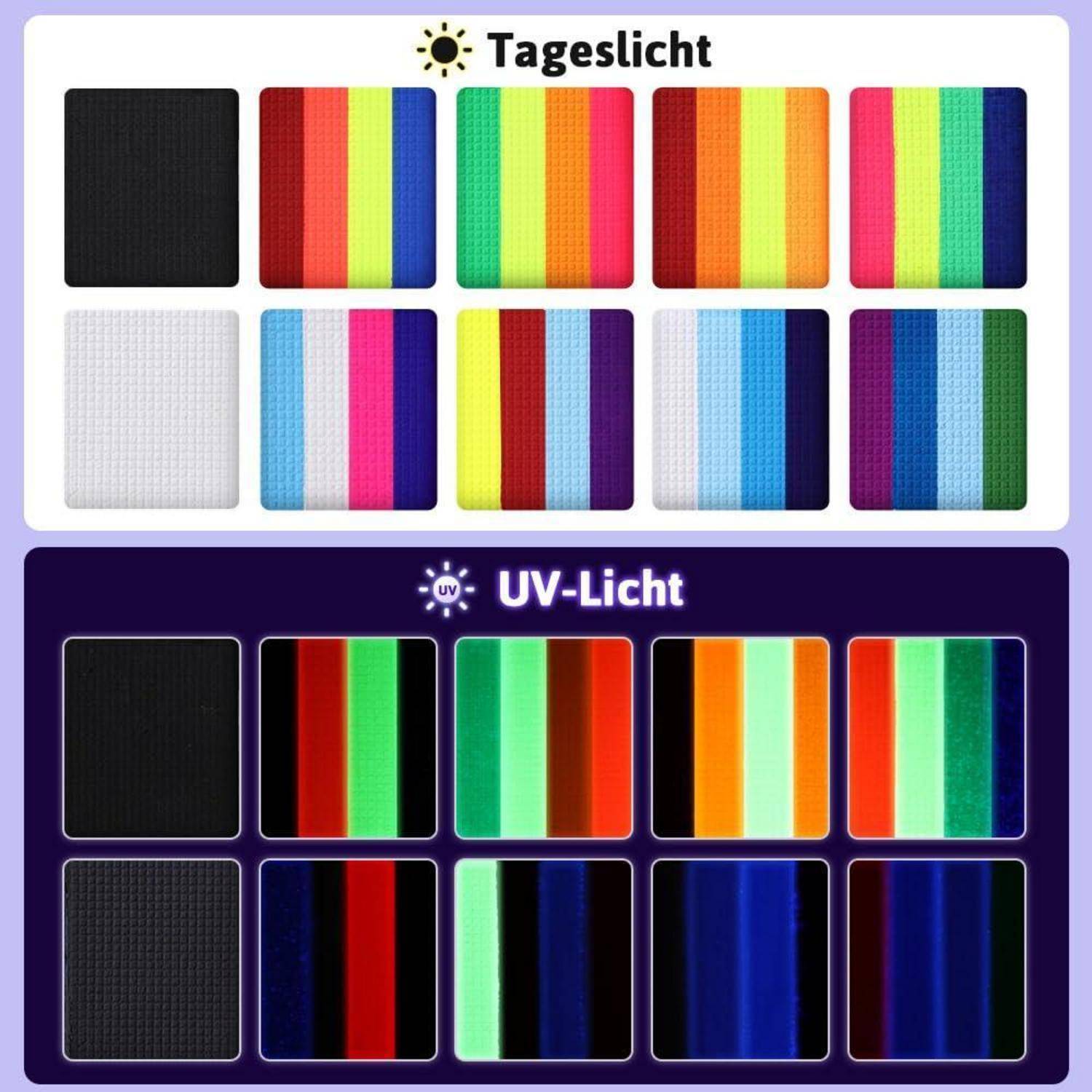 Vergleich der Stofffarben unter 'Tageslicht' (daylight) und 'UV-Licht' (UV light). Oberste Reihe zeigt Tageslicht, unterste Reihe zeigt UV-Lichteffekte.