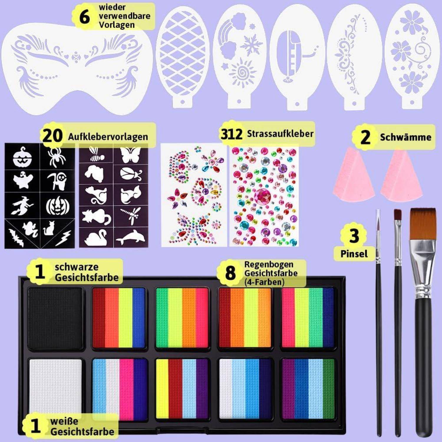 Set zum Schminken: Enthält Schablonen, Sticker, Farbpaletten in verschiedenen Farben, Schwämme und Pinsel. Geeignet für kreative Designs.