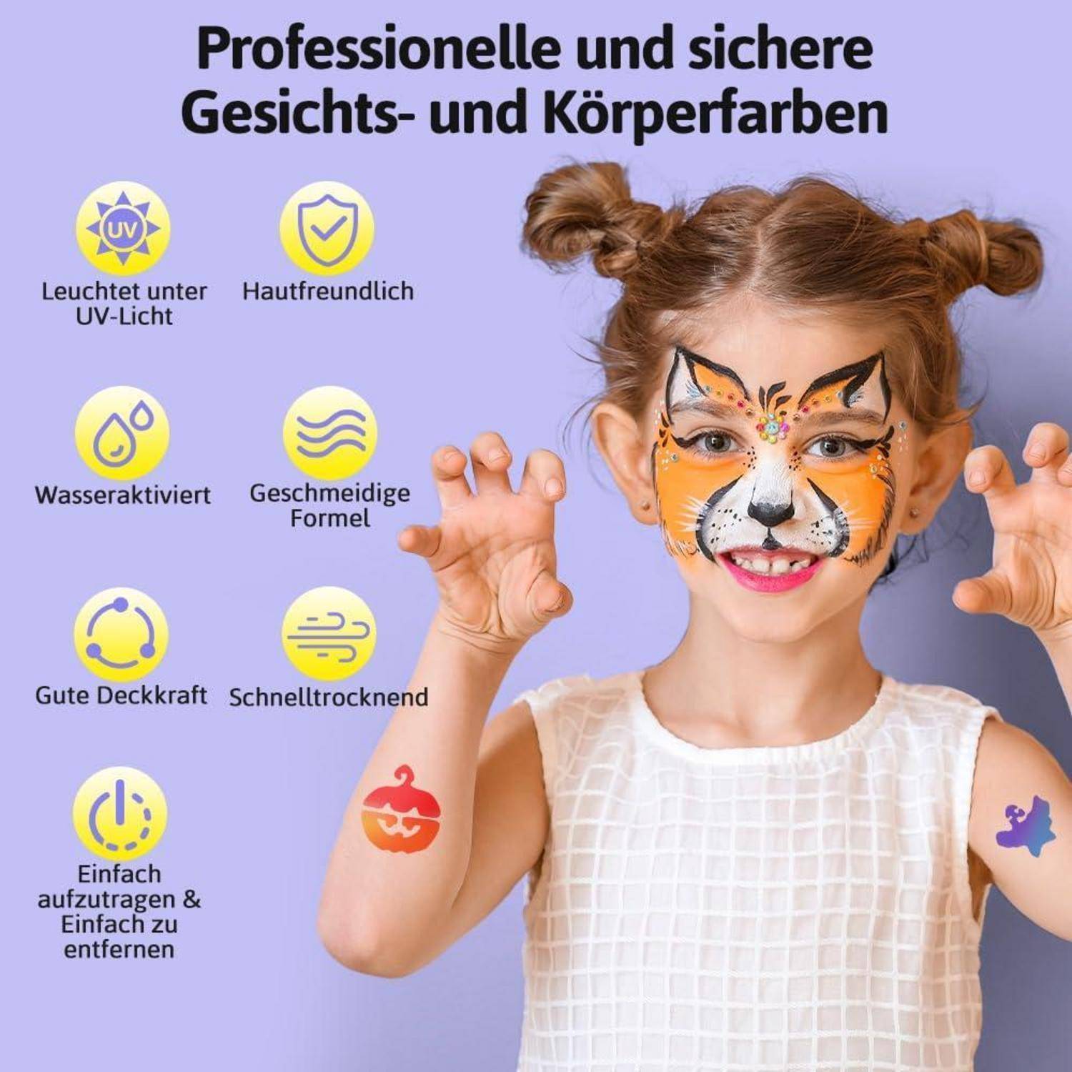 Ein lächelndes Kind mit Gesichtsbemalung wie eine Katze, das professionelle Körperbemalung-Eigenschaften präsentiert, einschließlich UV-Lichtbeständigkeit und Wasserfestigkeit.