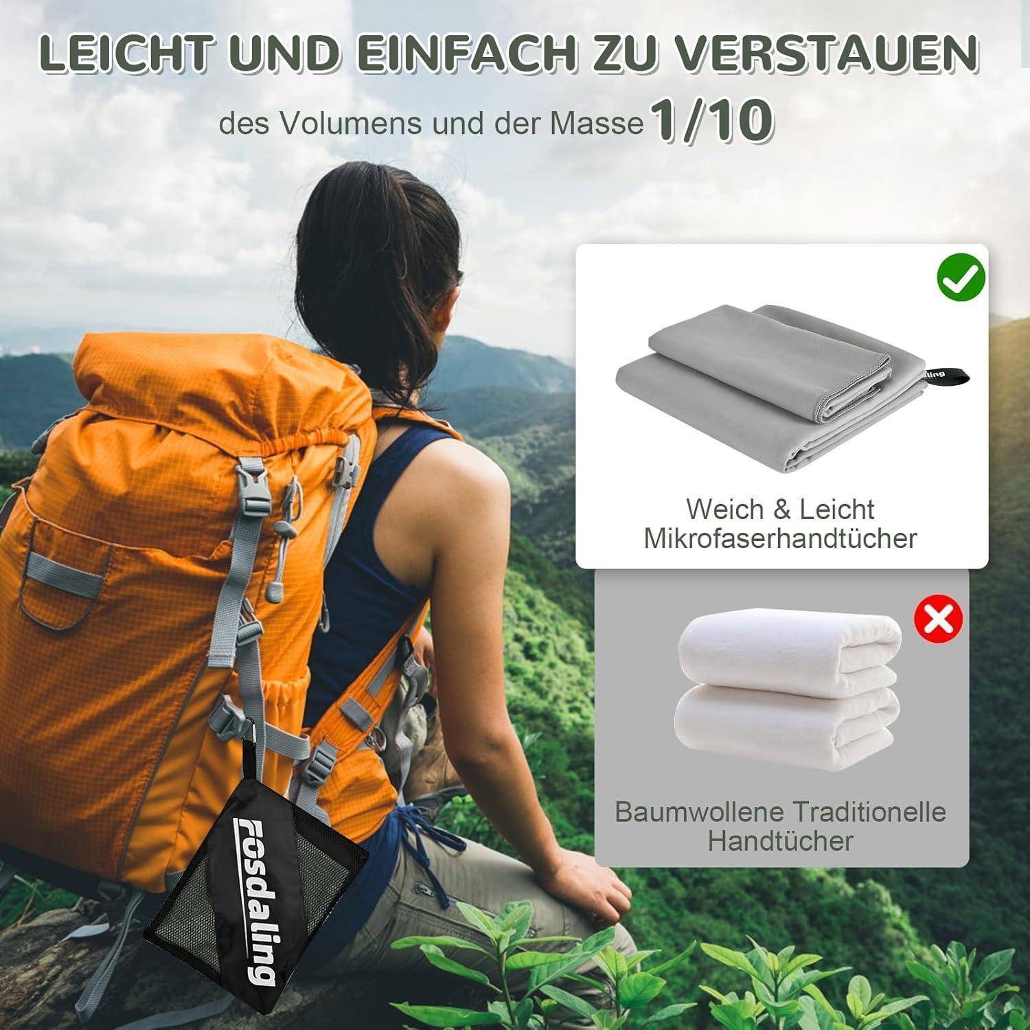 Eine Person mit einem orangefarbenen Rucksack blickt auf eine bergige Landschaft. Ein Inset vergleicht Mikrofaser- und traditionelle Handtücher und betont die kompakte Größe der Ersteren. Ein Text auf Deutsch hebt die Vorteile der Lagerung hervor.