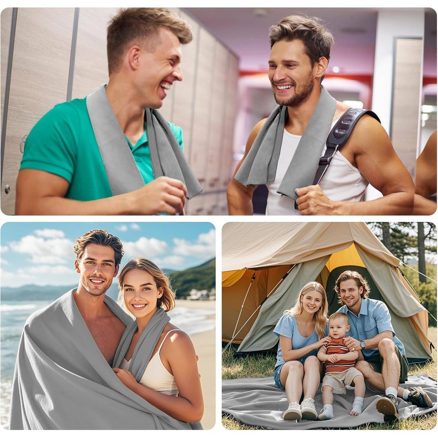 Menschen, die ein tragbares Handtuch in verschiedenen Situationen nutzen: zwei Freunde im Fitnessstudio, ein Paar am Strand und eine Familie beim Camping im Freien.