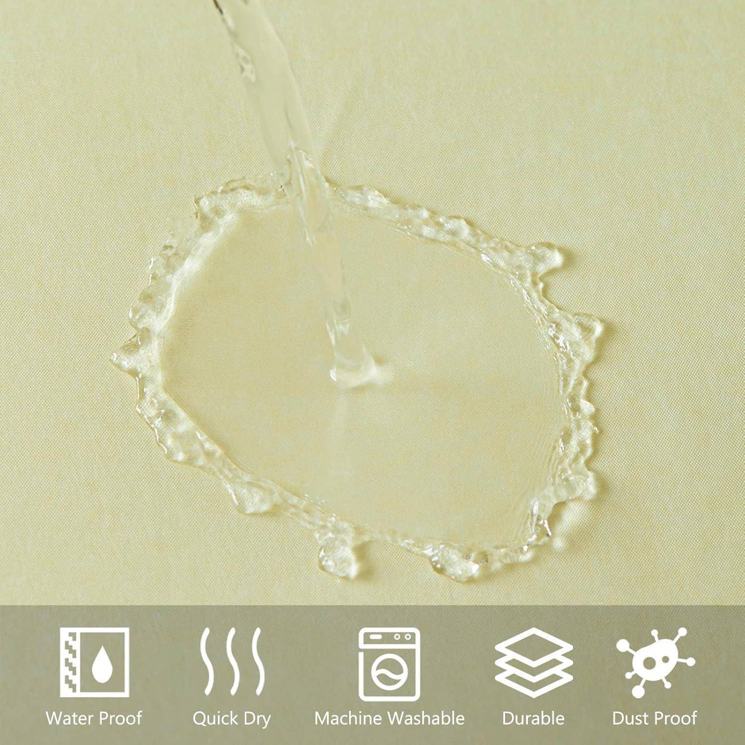 Wasser, das auf eine beige Oberfläche spritzt, demonstriert die Wasserresistenz. Icons darunter zeigen, dass es auch schnell trocknet, maschinenwäschetauglich, haltbar und staubdicht ist.
