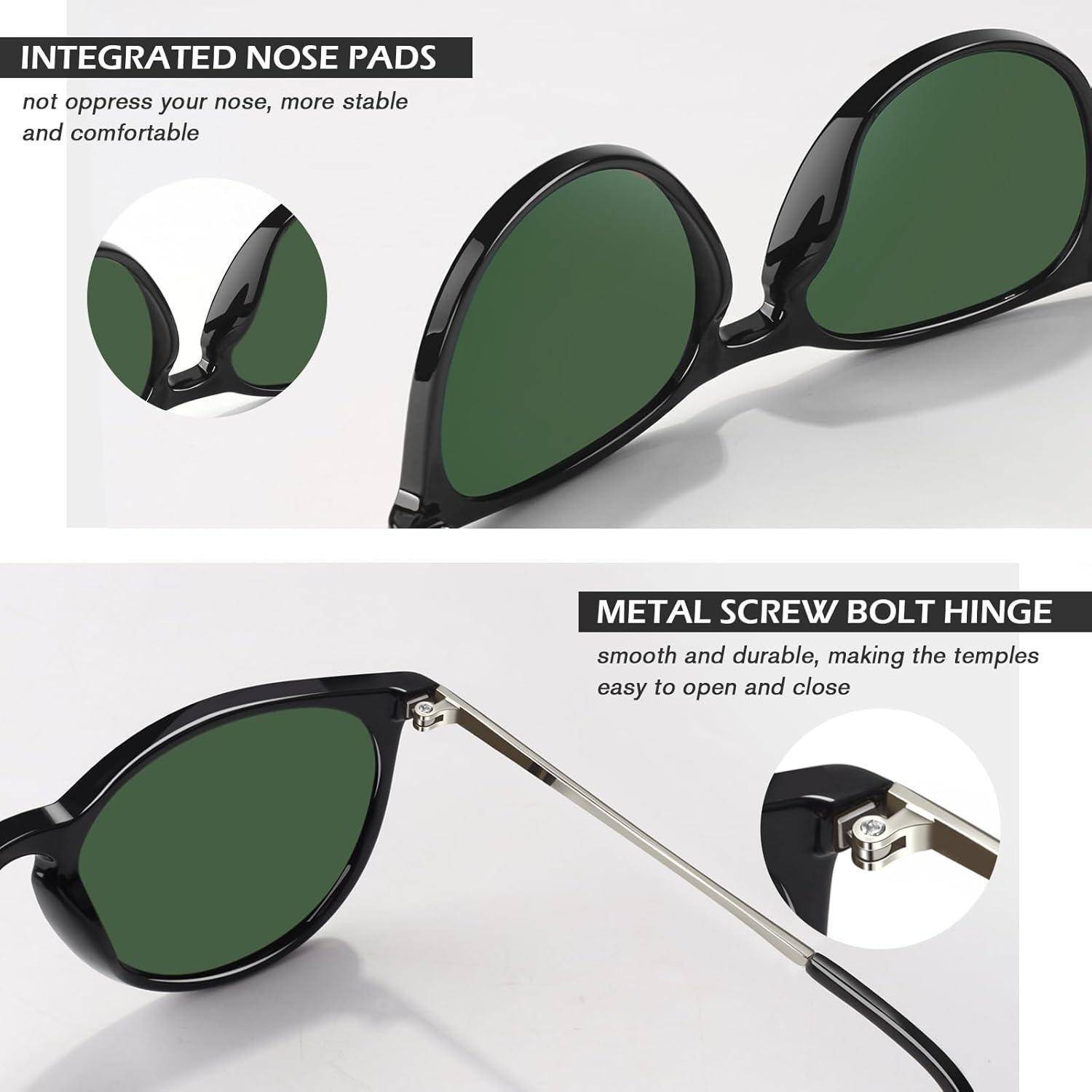 Sonnenbrille mit grünen Gläsern, ausgestattet mit integrierten Nasenstegen für Komfort und einem Metallschraubbolzengelenk für Haltbarkeit und leichtes Öffnen.