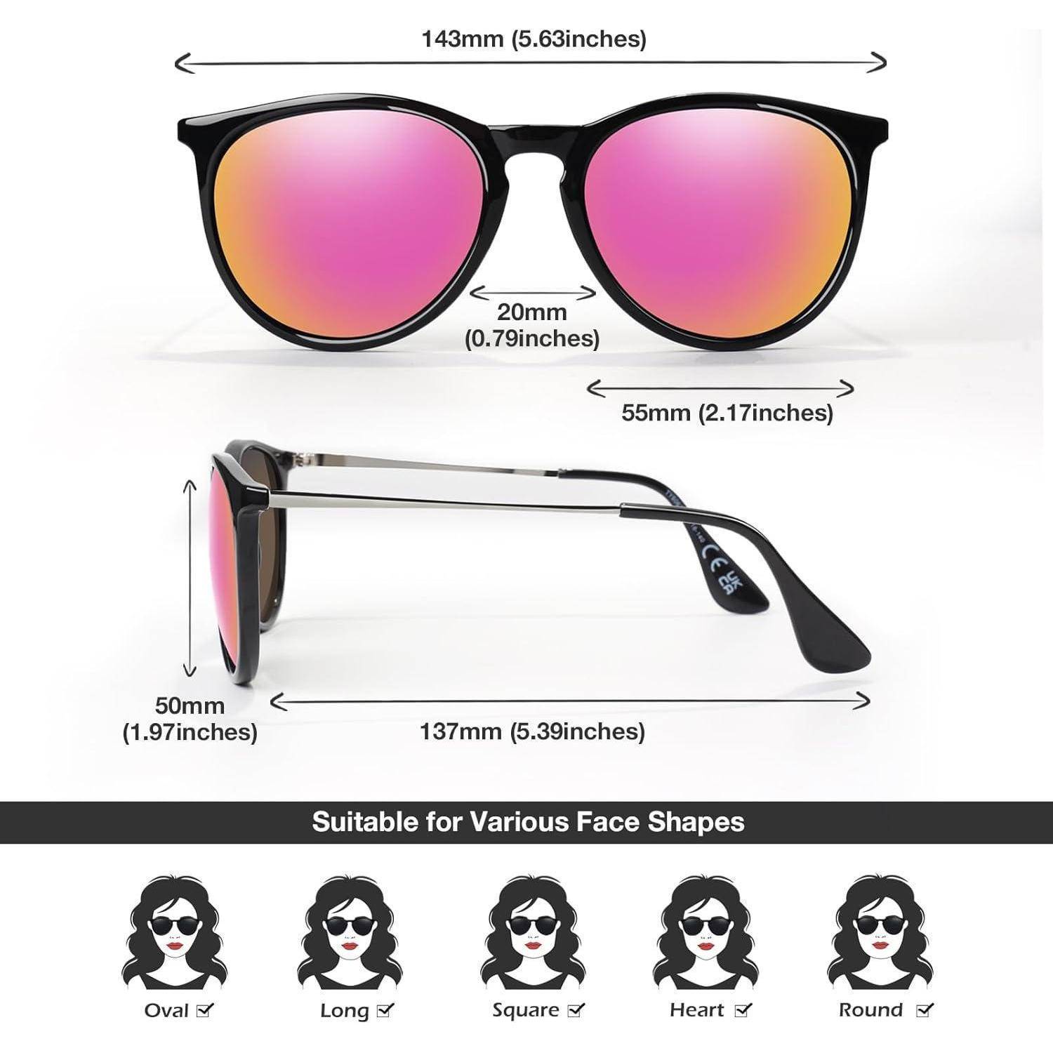 Rosa-Linsen-Sonnenbrille mit folgenden Abmessungen: 143 mm Rahmenbreite, 20 mm Steg, 55 mm Linsenbereite, 50 mm Höhe, 137 mm Bügellänge. Geeignet für verschiedene Gesichtsformen.