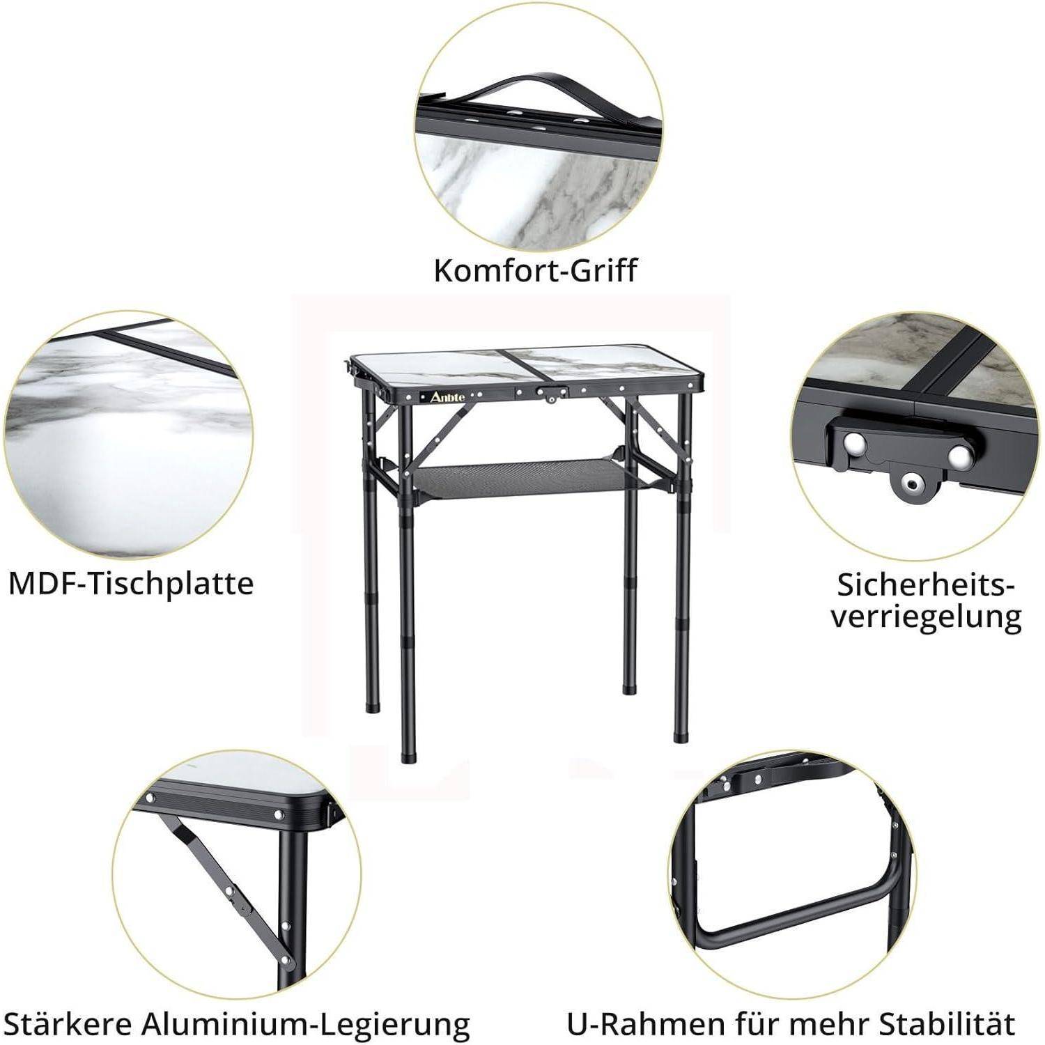 Ein Klapptisch mit einer Marmoroptik-MDF-Tischplatte, Komfortgriff, Sicherheitsverriegelung, robuster Aluminiumlegierung und U-Rahmen für Stabilität. Deutsche Etiketten.