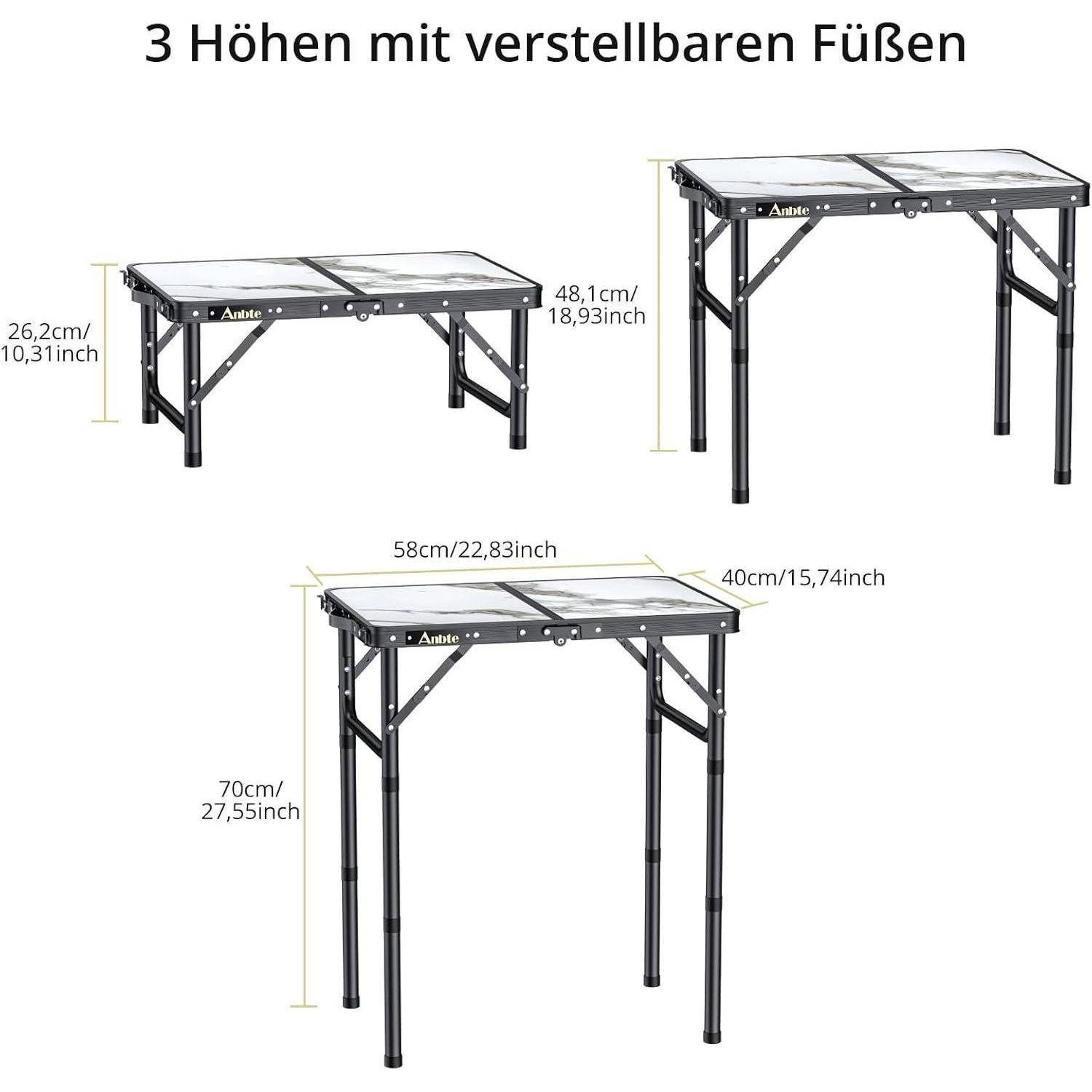 3 Höhen mit verstellbaren Füßen' mit einem zusammenklappbaren Tisch. Tischhöhen sind 26,2 cm (10,31 Zoll), 48,1 cm (18,93 Zoll) und 70 cm (27,55 Zoll). Tischmaße sind 58 cm (22,83 Zoll) x 40 cm (15,74 Zoll).