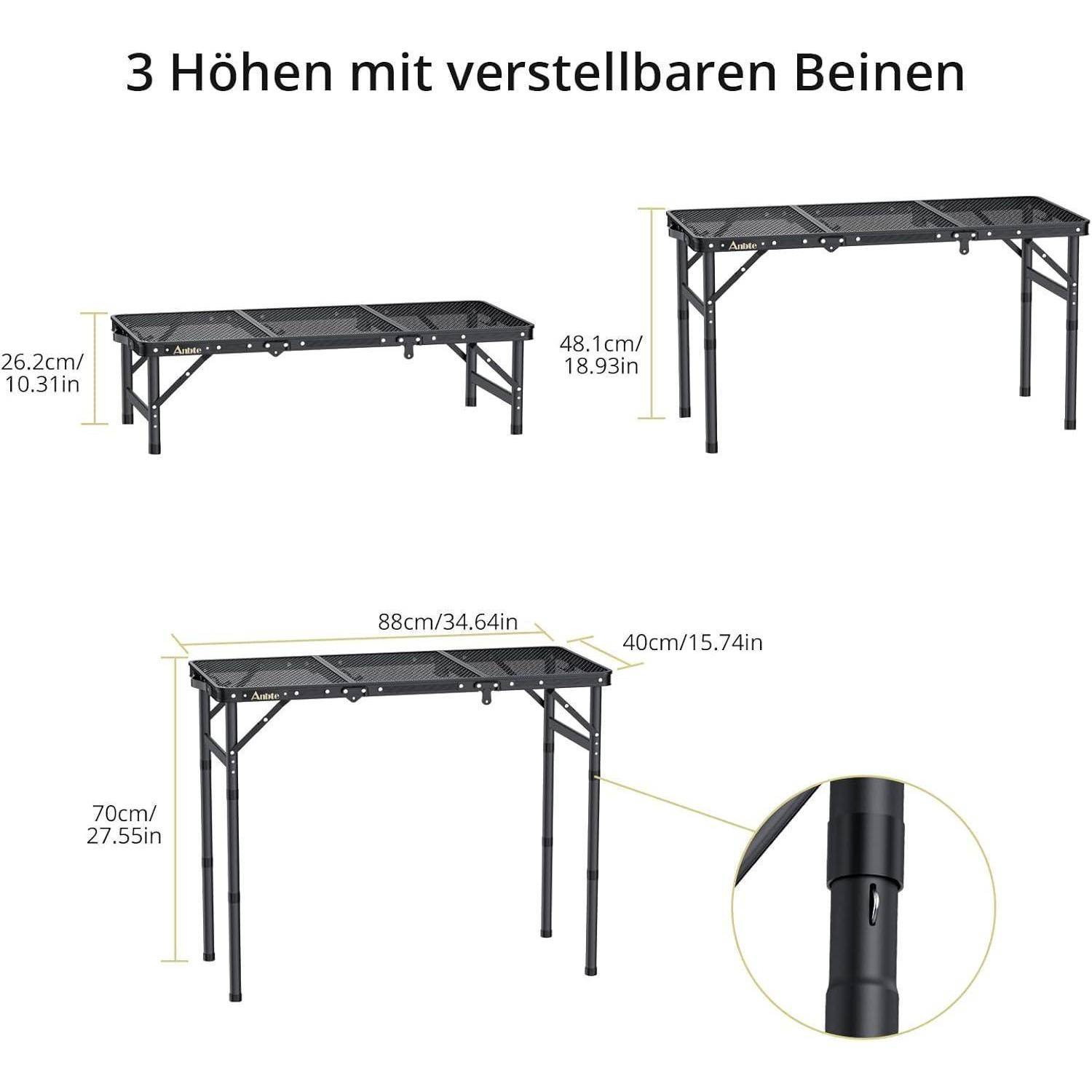3 Höhen mit verstellbaren Beinen' Tisch mit verstellbaren Beinen in drei Höhen gezeigt: 26,2 cm, 48,1 cm und 70 cm. Maße inklusive.
