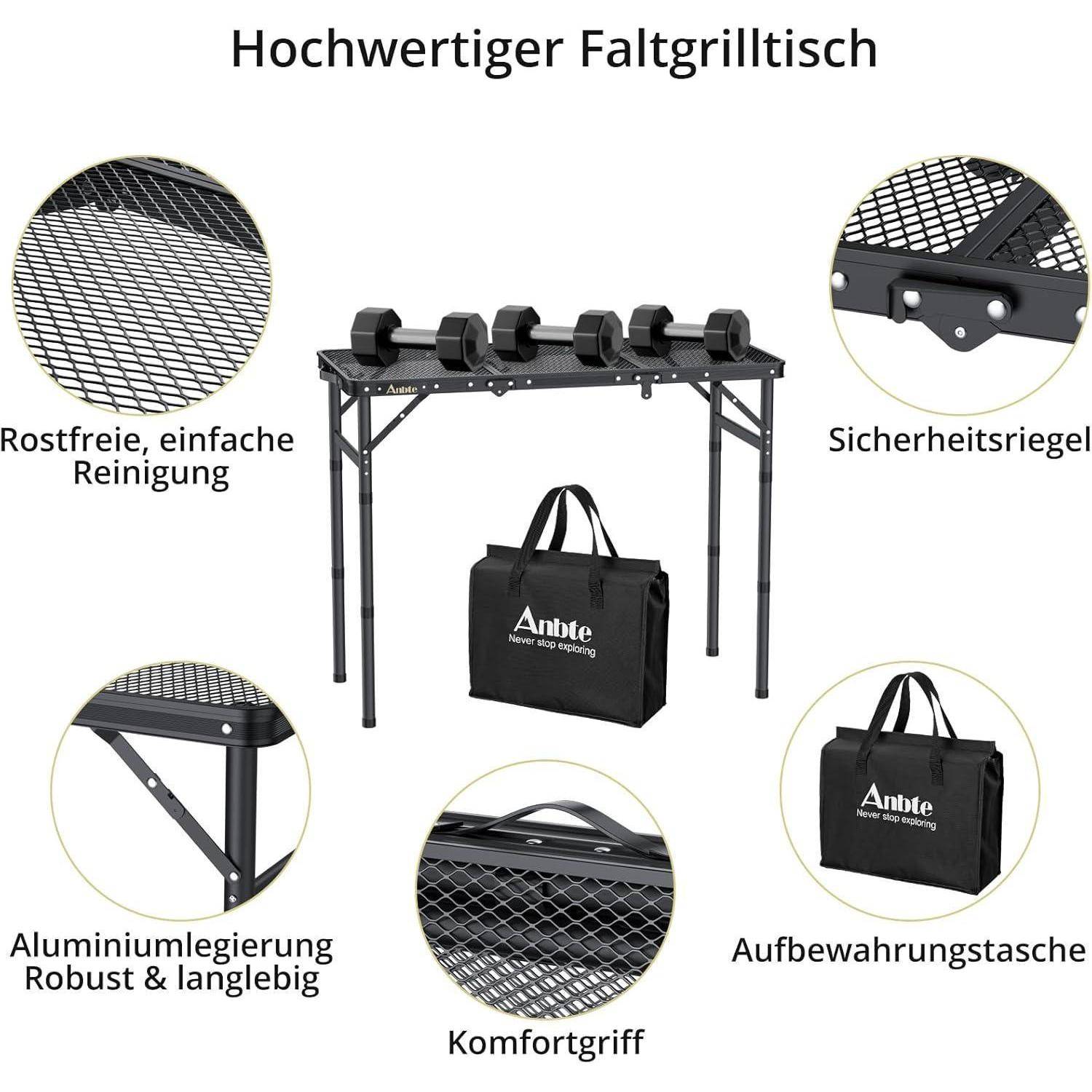 Hochwertiger Klapp-Grillisch mit rostfreier, leicht zu reinigender Oberfläche; ausgestattet mit stabilen Beinen, komfortablen Griffmuscheln, Tragetasche für einfache Transportierbarkeit.
