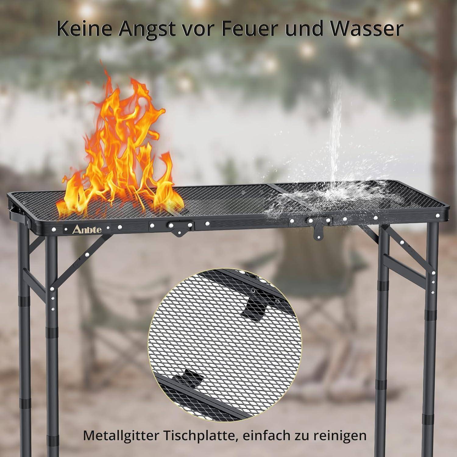 Metallgitter-Tisch mit Flammen und Wasser, beschriftet mit 
