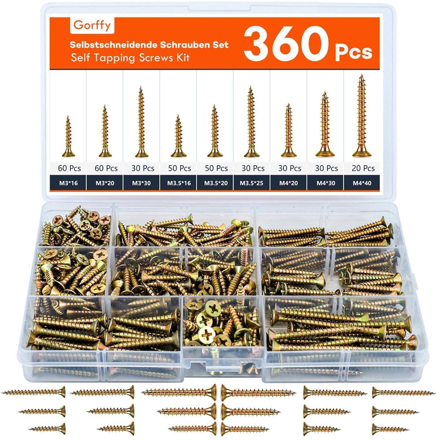 Selbstschneidende Schrauben-Set, 360 Stück, mit Größen von M3*16 bis M4*20, in einem transparenten Kunststoffkoffer organisiert.
