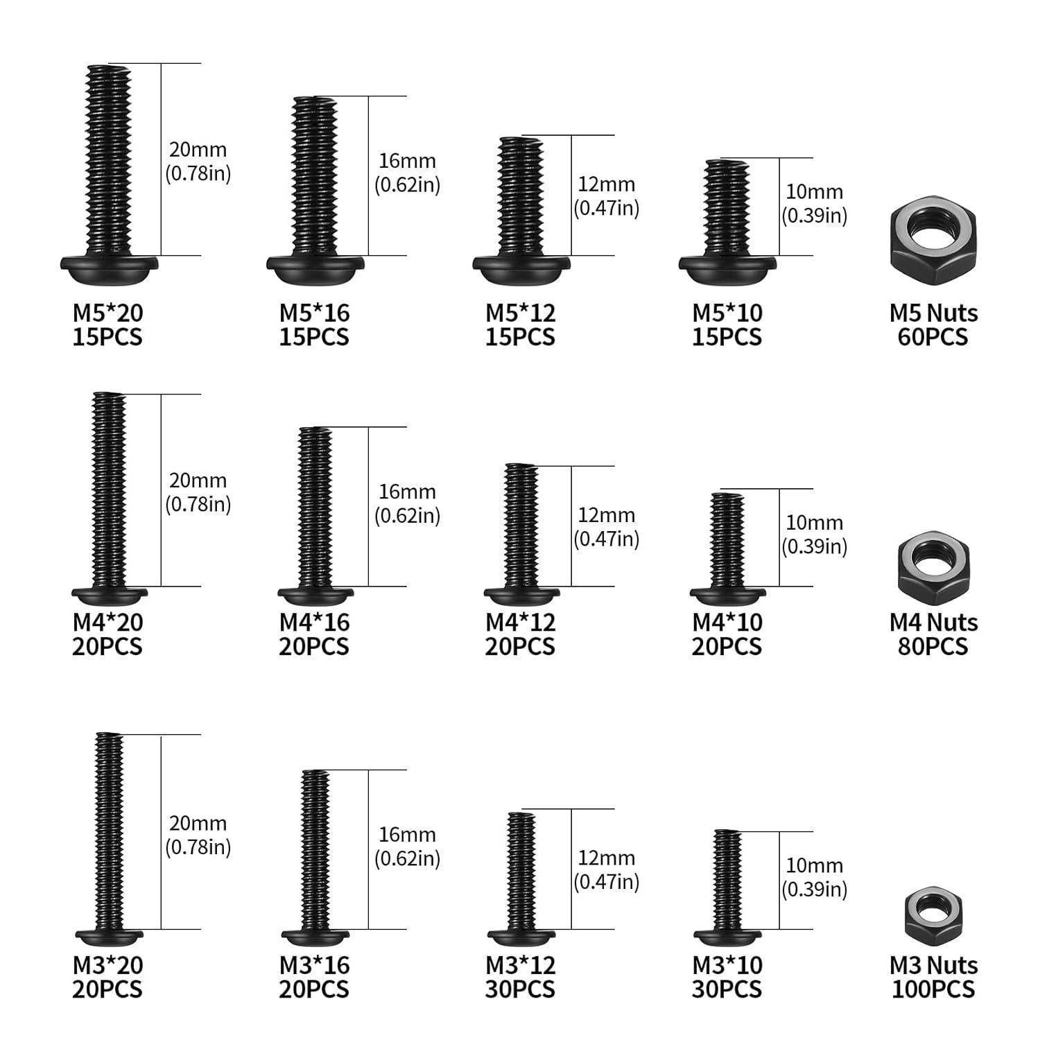 Schraubenset mit verschiedenen Typen und Größen: M5, M4, M3-Schrauben in Längen von 16 mm bis 20 mm, inklusive passender Muttern.