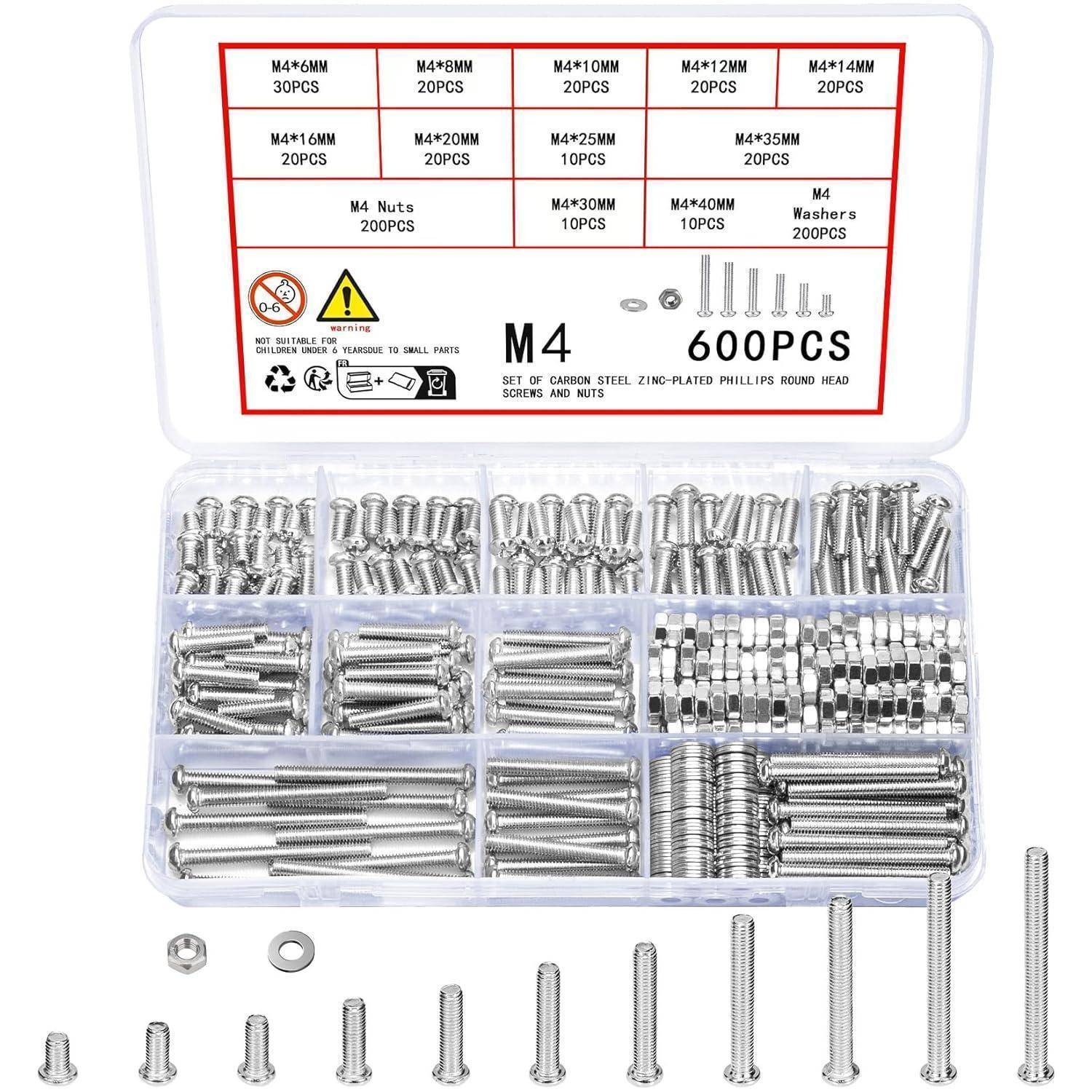 Koffer mit 600 M4-Schrauben, Muttern und Unterlegscheiben. Trennwände trennen verschiedene Typen wie 8mm, 12mm, 20mm Längen. Klare Beschriftung für einfache Auswahl.