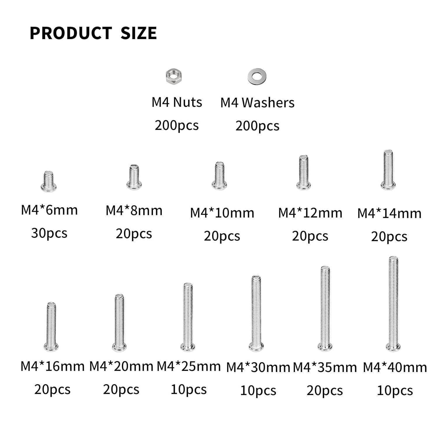 Produktgröße': M4-Muttern und Unterlegscheiben, 200 Stück jeweils; Schrauben: 6mm-6 Stück, 8mm-20 Stück, 10mm/12mm/14mm-jeweils 20 Stück, 16mm/20mm-jeweils 20 Stück, 25mm-10 Stück, 30mm/40mm-jeweils 20 Stück.