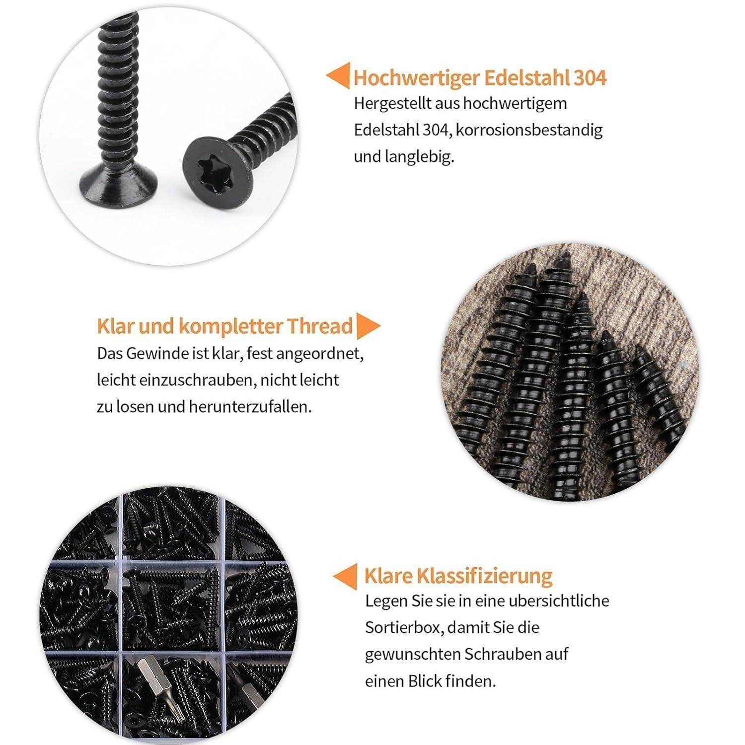 Schwarze Schrauben aus Edelstahl 304 in Sortierbox. Merkmal: korrosionsbeständig und langlebig. Klar definierter Gewindethread. Einheitliche Klassifizierung für schnelle Auswahl.