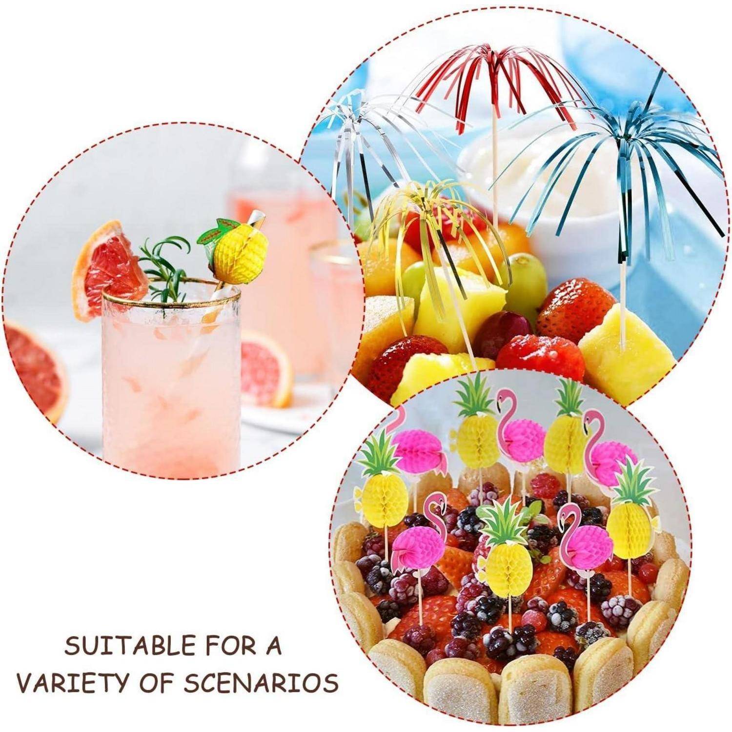 Bunte Getränke- und Dessertdekorationen, einschließlich Obst- und Flamingo-Designs, die festliche Speisenpräsentationen aufwerten; gekennzeichnet als 