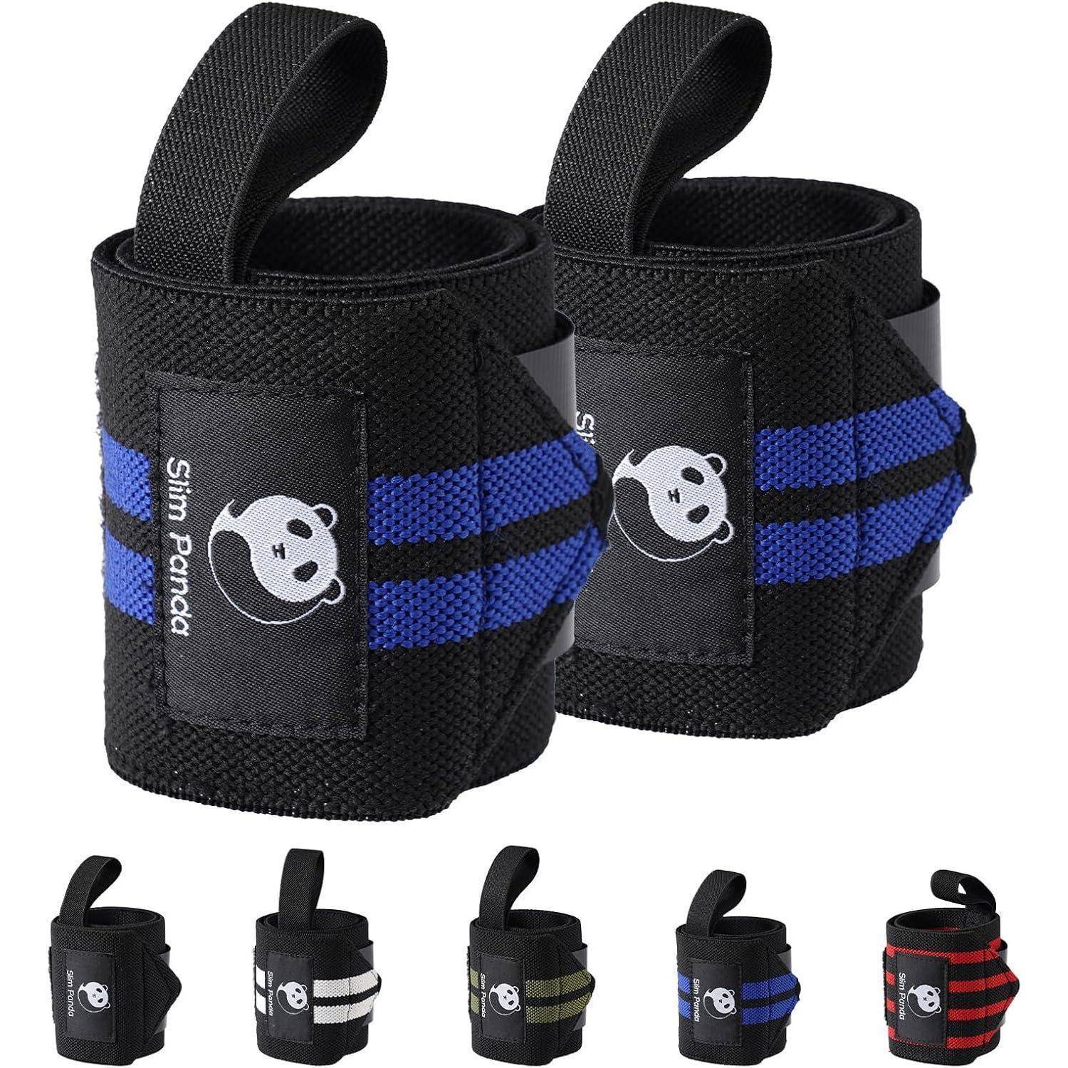 Schwarze Handgelenkbandagen mit blauen Streifen, mit einem Panda-Logo. Auch in schwarzen, weißen, grauen, grünen und roten Varianten gezeigt.