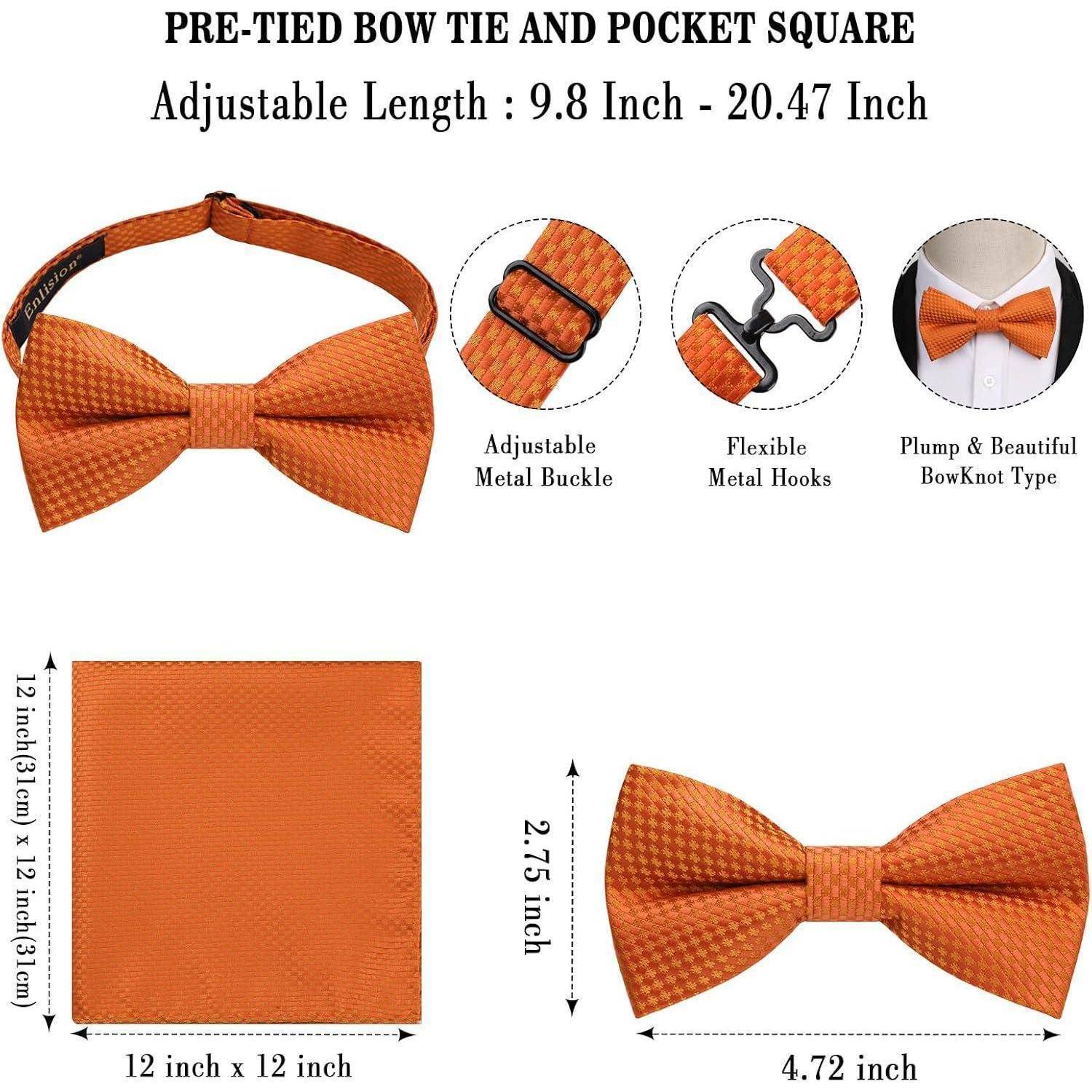 Orangefarbene vorgebundene Fliege und Einstecktuch-Set mit verstellbarer Länge von 9,8 bis 20,47 Zoll. Inklusive Details wie Metallhaken und Schnalle.