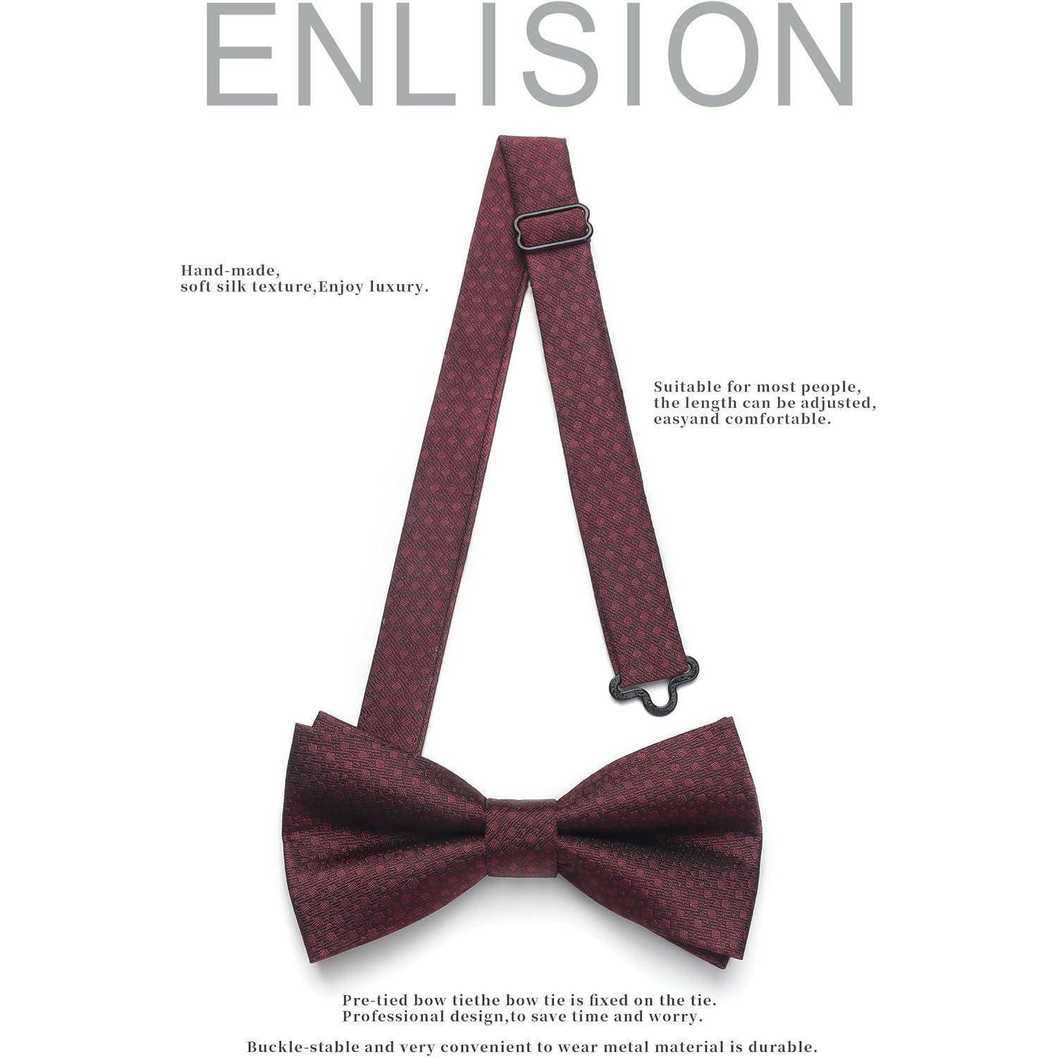 Eine dunkle rote Fliege mit verstellbarem Gurt mit der Aufschrift 'ENLISION'. Zu den Merkmalen gehören eine weiche Seidentextur, einfache Verstellbarkeit und ein vorgebundenes Design.