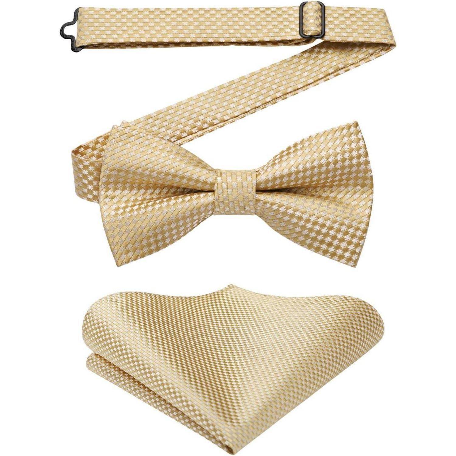 Goldene Fliege mit passendem Einstecktuch im Set, mit strukturiertem Karomuster. Geeignet für formelle Anlässe oder elegante Veranstaltungen.