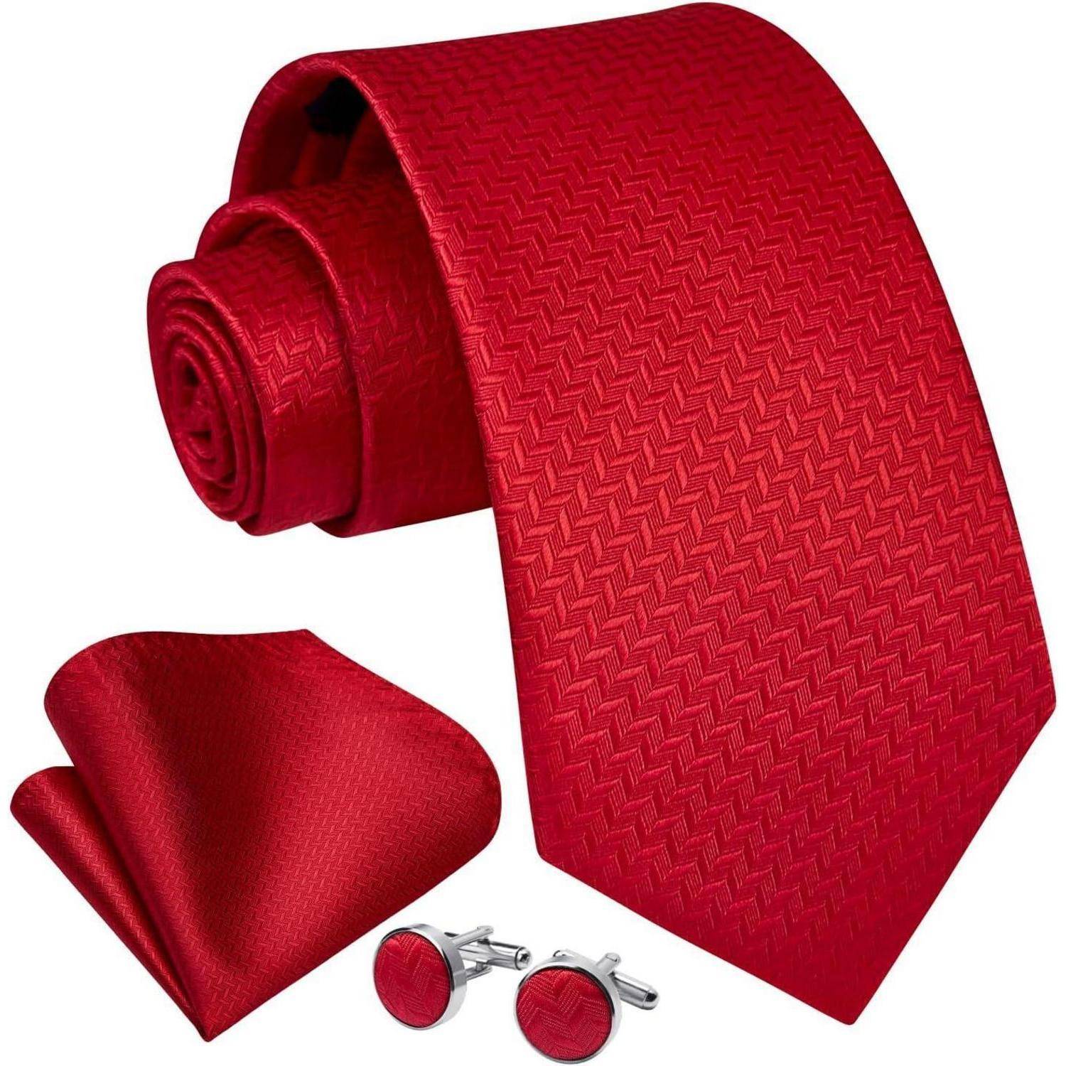 Rotes Krawattenset mit Zickzackmuster, inklusive passendem Einstecktuch und Manschettenknöpfen. Stilvolle, formelle Accessoires aus Seide.