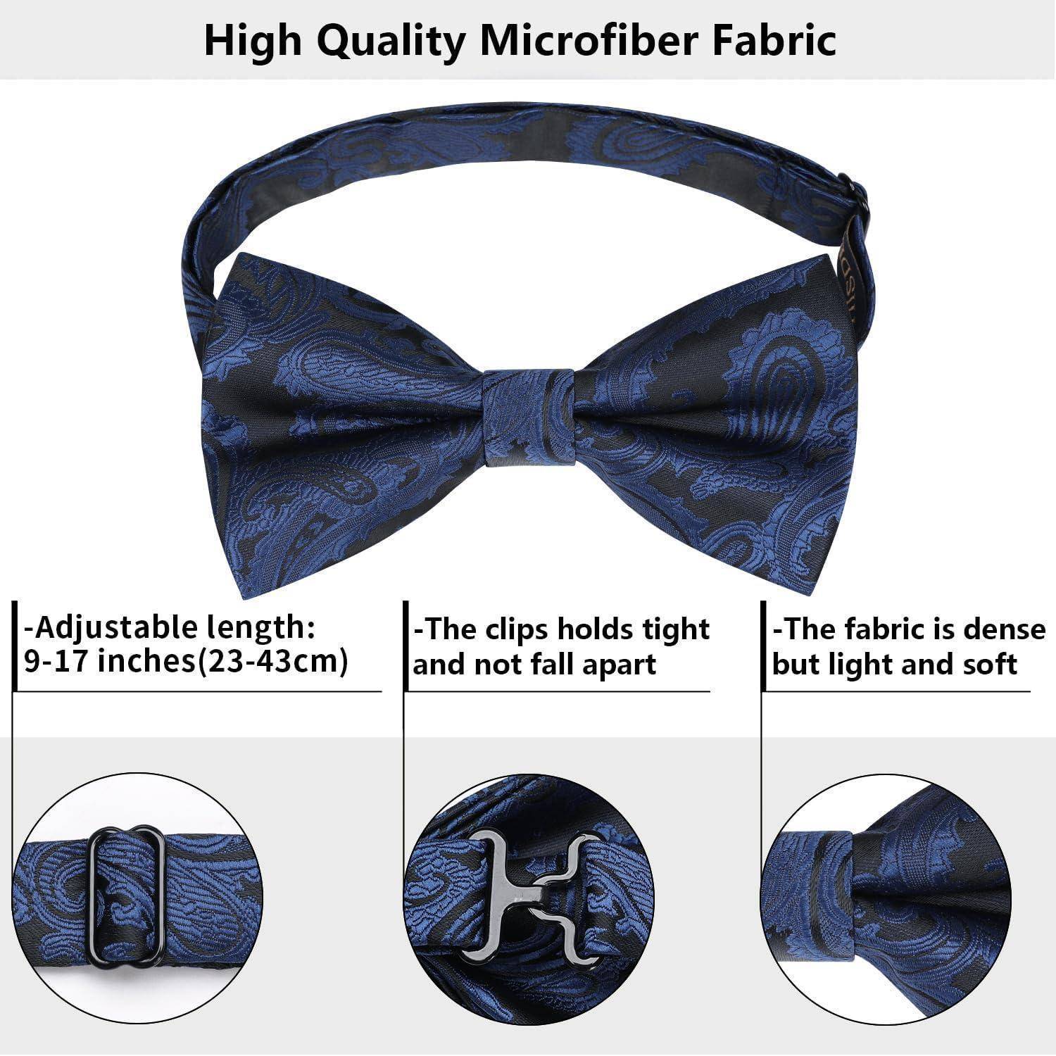 Eine schwarze und blaue Paisley-Fliege mit verstellbarer Länge von 9-17 Zoll. Klammern sorgen für einen sicheren Halt. Der Stoff ist dicht und gleichzeitig weich.