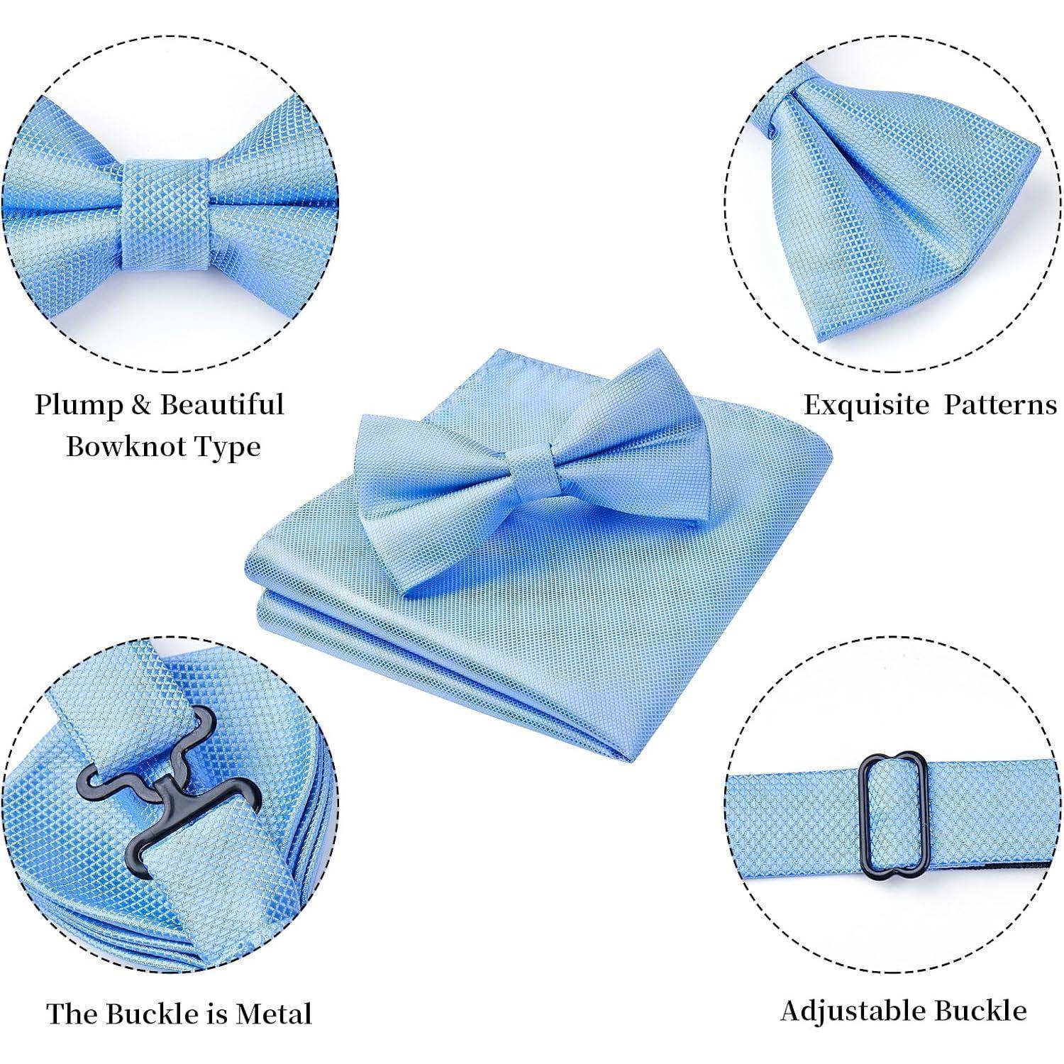 Blaues Fliegen-Set mit üppiger Schleife, exquisiten Mustern, Metallschnalle und verstellbarem Riemen, inklusive passendem Einstecktuch.