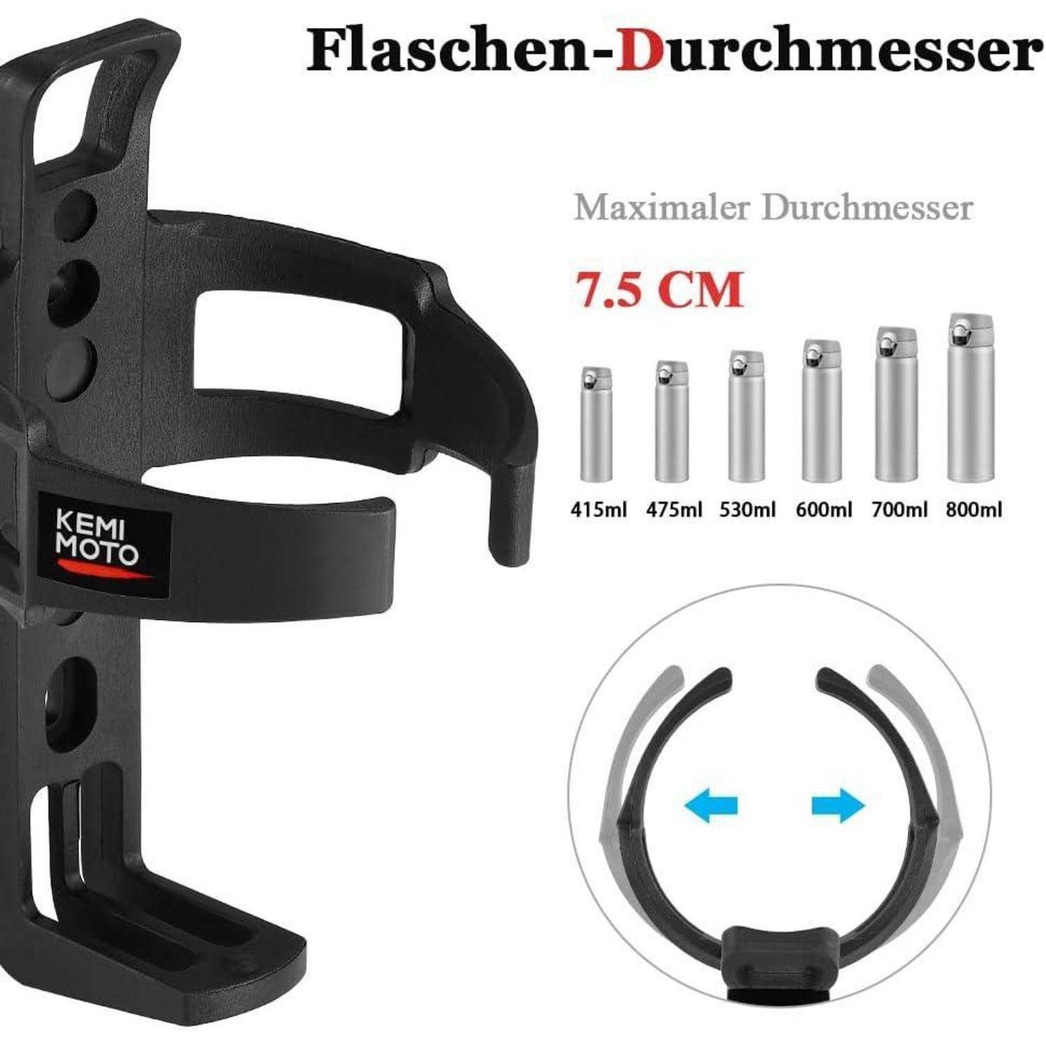 Flaschenhalter mit einem maximalen Durchmesser von 7,5 cm, kompatibel mit Flaschen zwischen 415 ml und 800 ml. Zeigt Halterdesign und Seitenansichtsillustration.