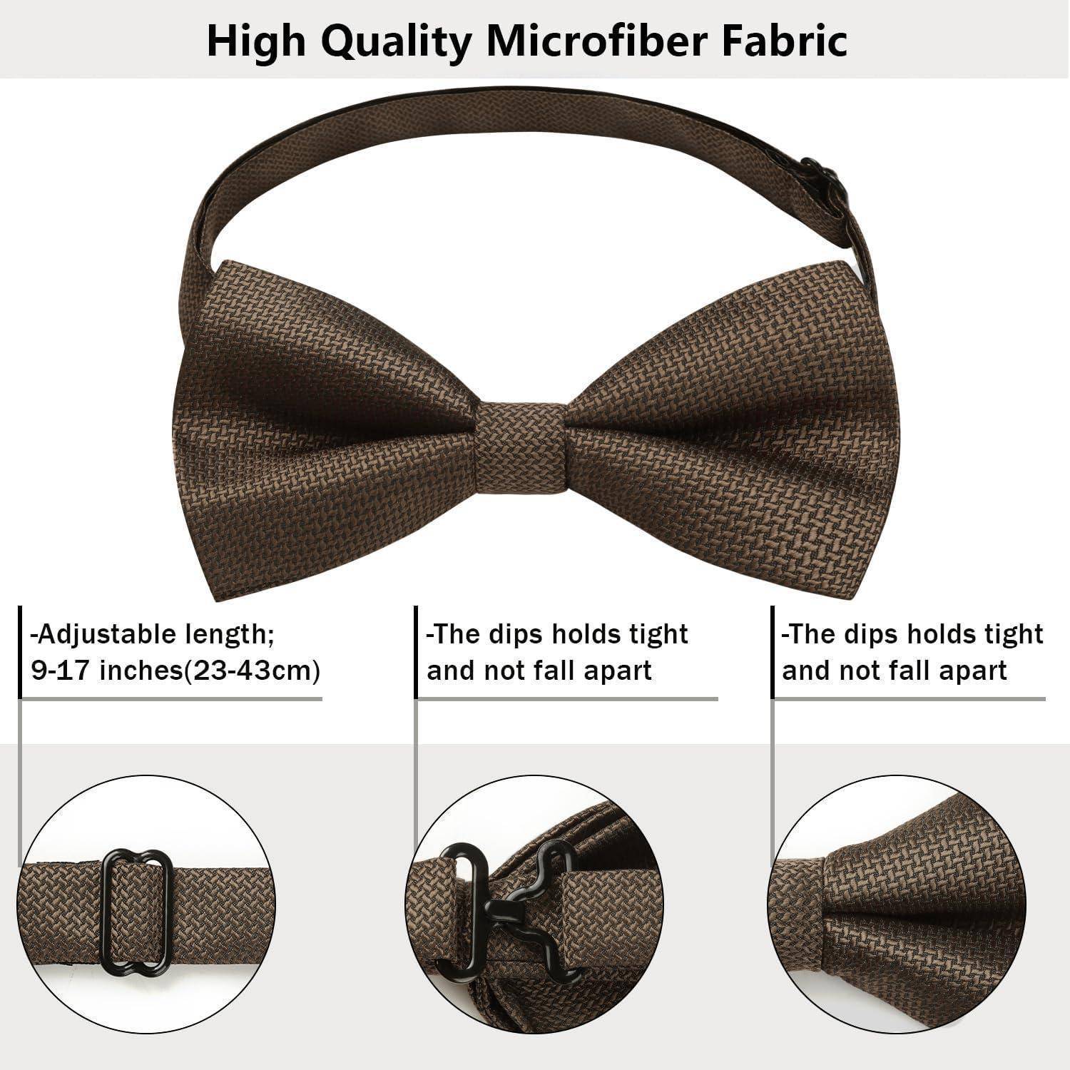 Braune Mikrofaser-Fliege mit verstellbarem Längenriemen (9-17 Zoll, 23-43 cm). Abbildungen zeigen Riemenschnalle und Nahaufnahme der Gewebestruktur.