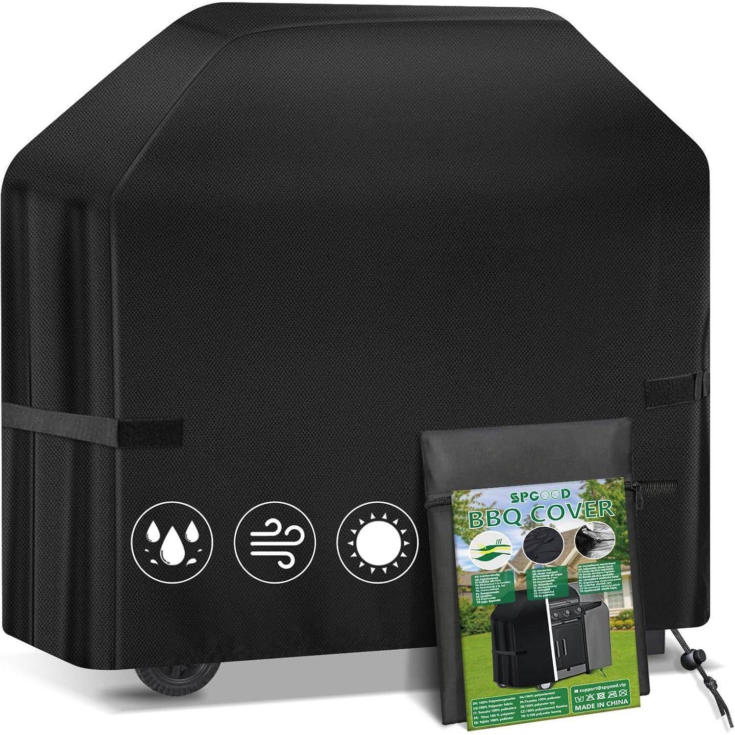 Eine schwarze BBQ-Grillabdeckung mit Symbolen, die Wasserbeständigkeit, Windschutz und UV-Resistenz anzeigen. Ein Verpackungsbild zeigt die Abdeckung auf einem Grill.