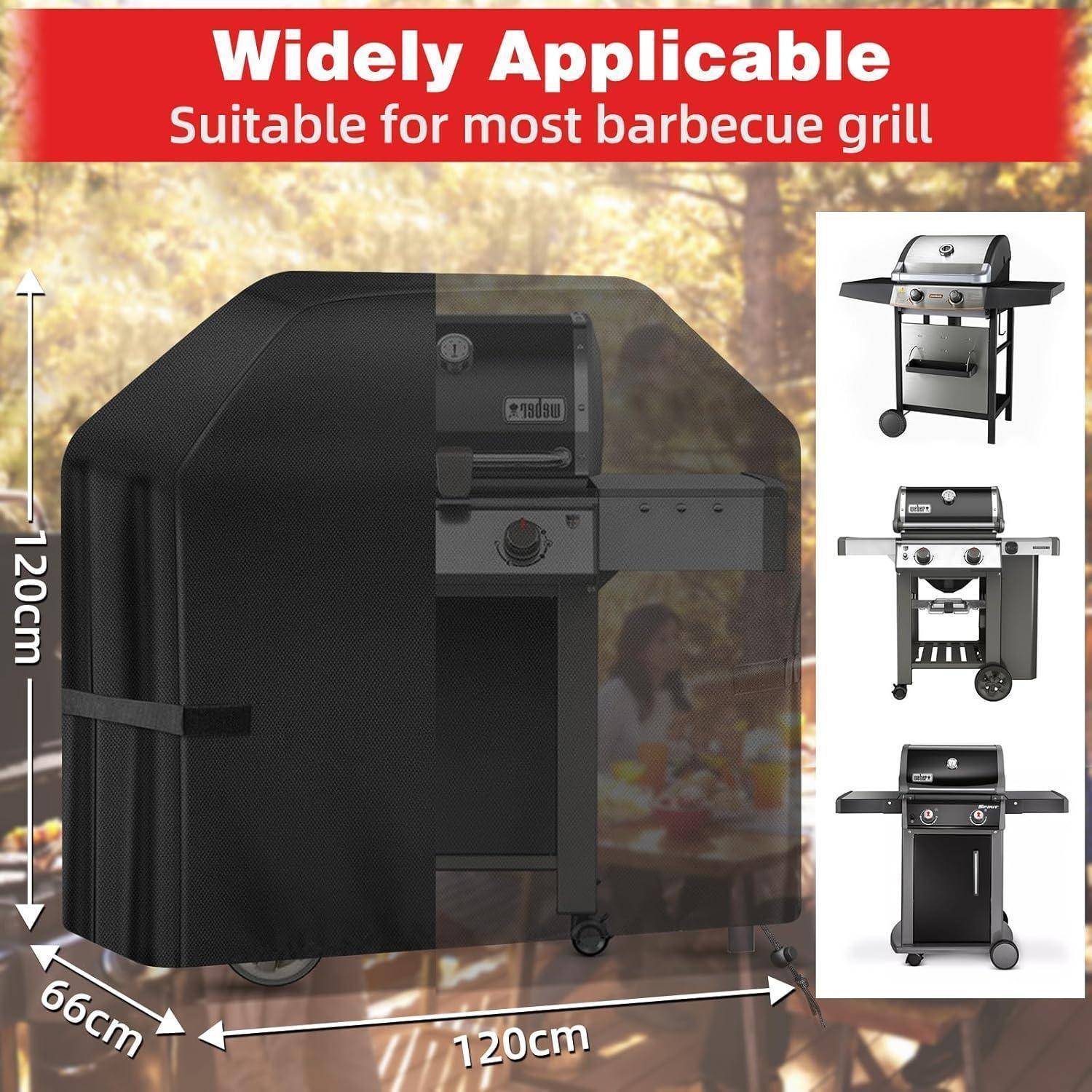Universell einsetzbare Grillabdeckung passt für Grills mit einer Höhe und Breite von 120 cm, geeignet für verschiedene auf der Seite aufgeführte Modelle.