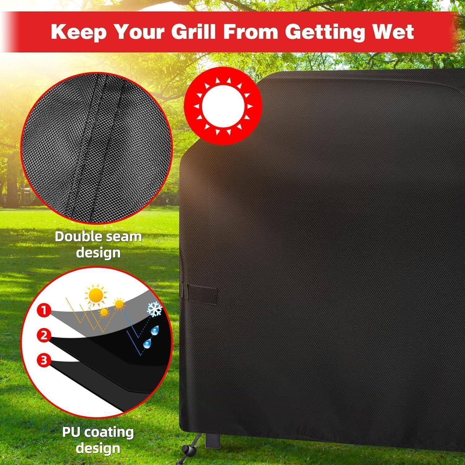 Ein Grillabdeckung ist von einem schwarzen, strapazierfähigen Material mit Doppelnahtdesign bedeckt. Symbole zeigen Sonne, Regen, Schnee und Text: ‚Halten Sie Ihren Grill vor Nässe geschützt.