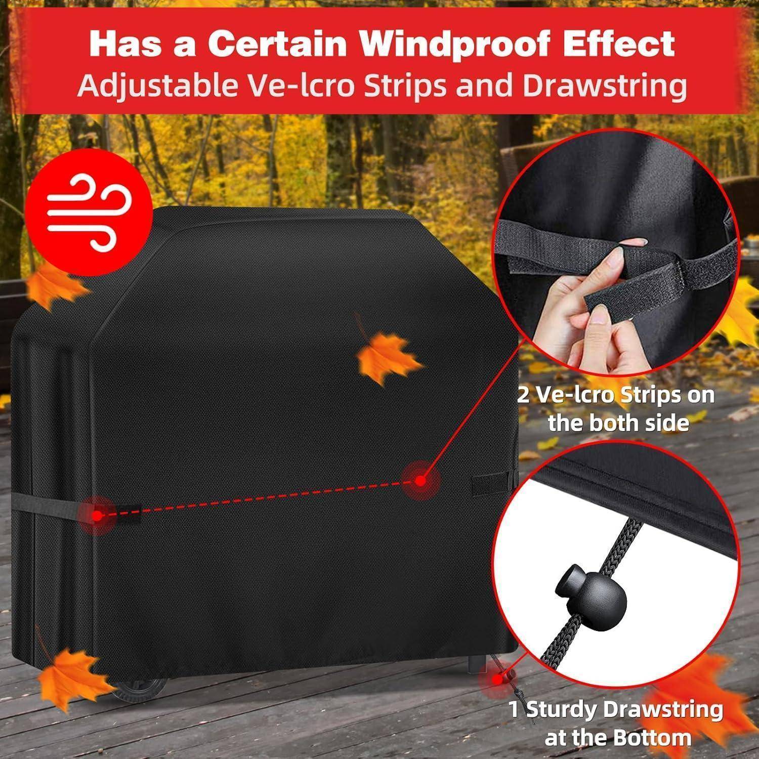 Schwarze Outdoor-Grillabdeckung mit roten Akzenten, gesichert durch verstellbare Riemen und eine robuste Zugschnur, die Windschutz bietet.