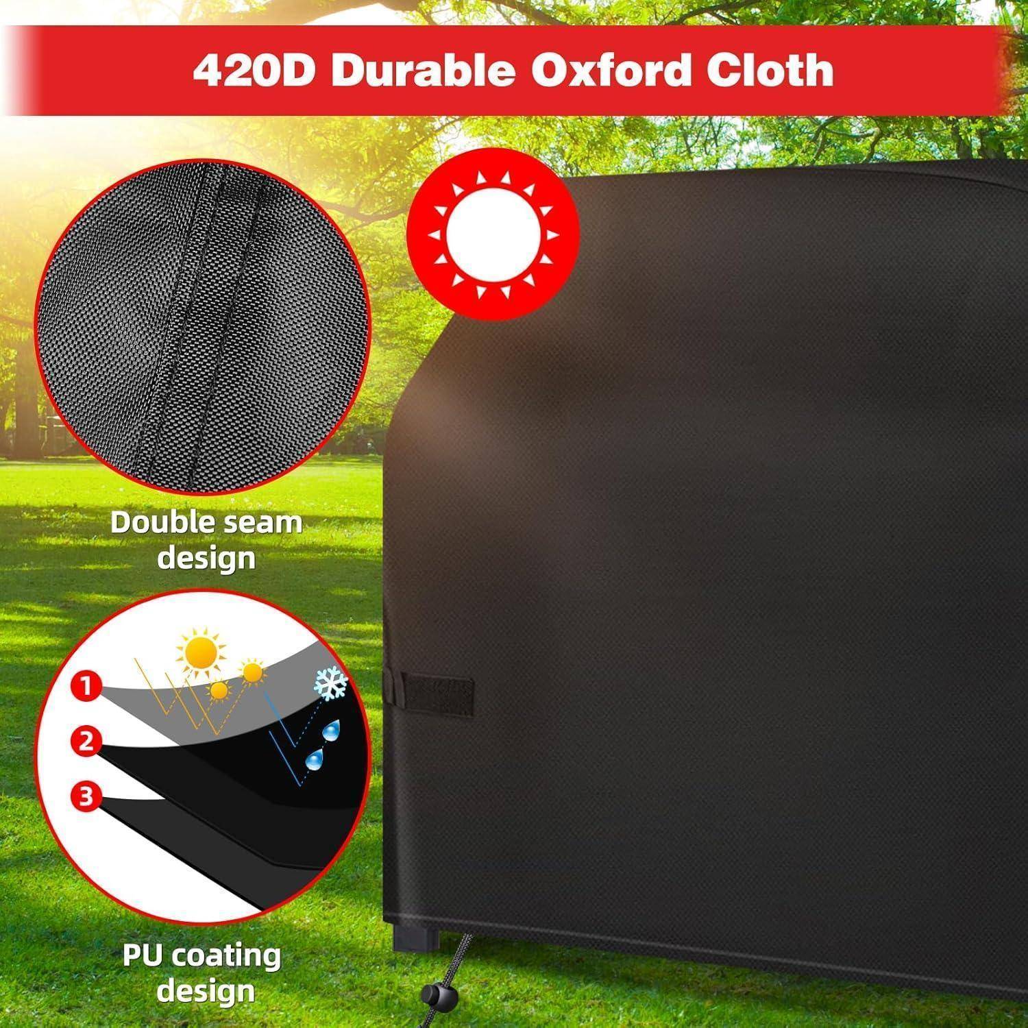 420D strapazierfähiger Oxford-Stoff' Außenbezug mit doppelter Naht und PU-Beschichtungsdesign, der Haltbarkeit und Wetterbeständigkeit hervorhebt.