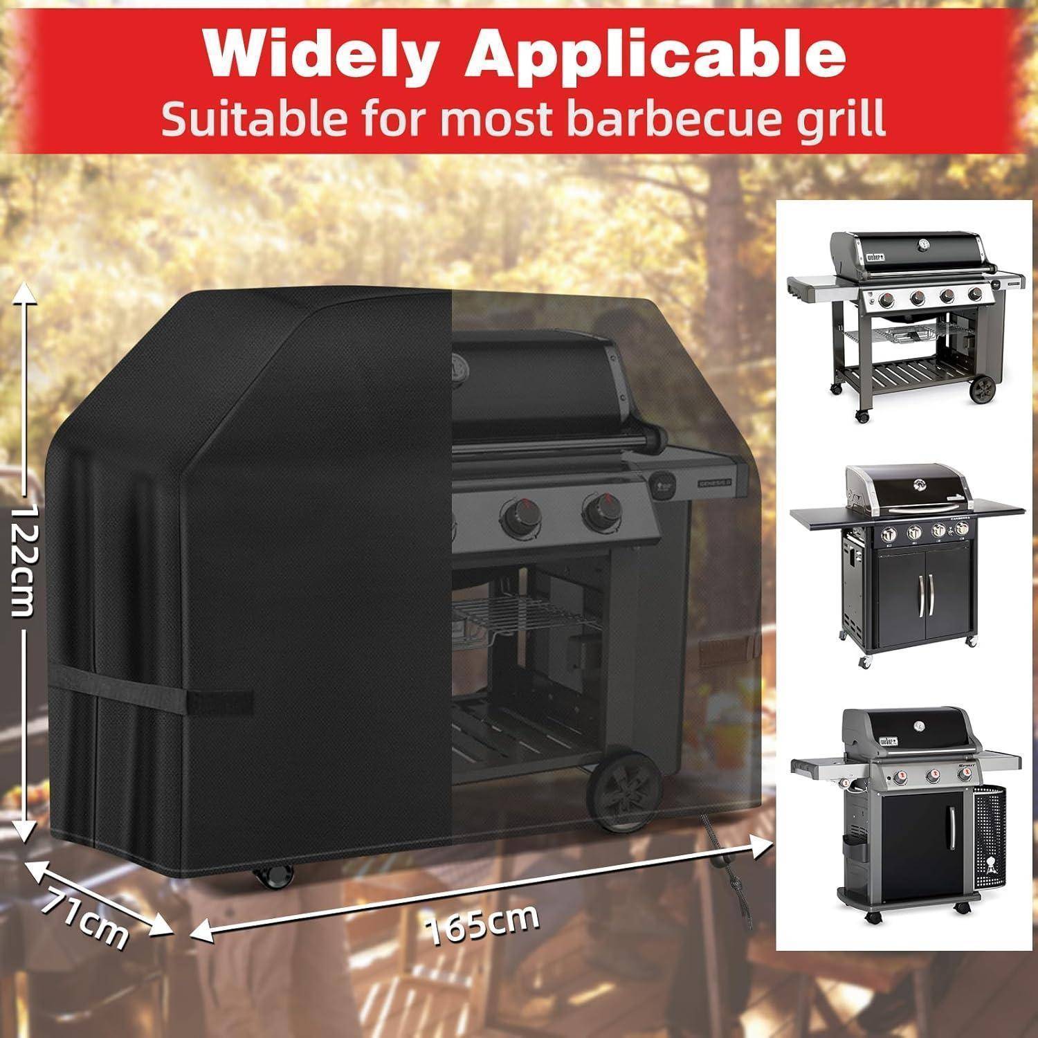 Universell einsetzbarer Grillabdeckung für Barbecue-Grills, 165 cm breit, 71 cm tief, 122 cm hoch. Abbildung zeigt Abdeckung auf einem Grill mit Beispielen rechts daneben.