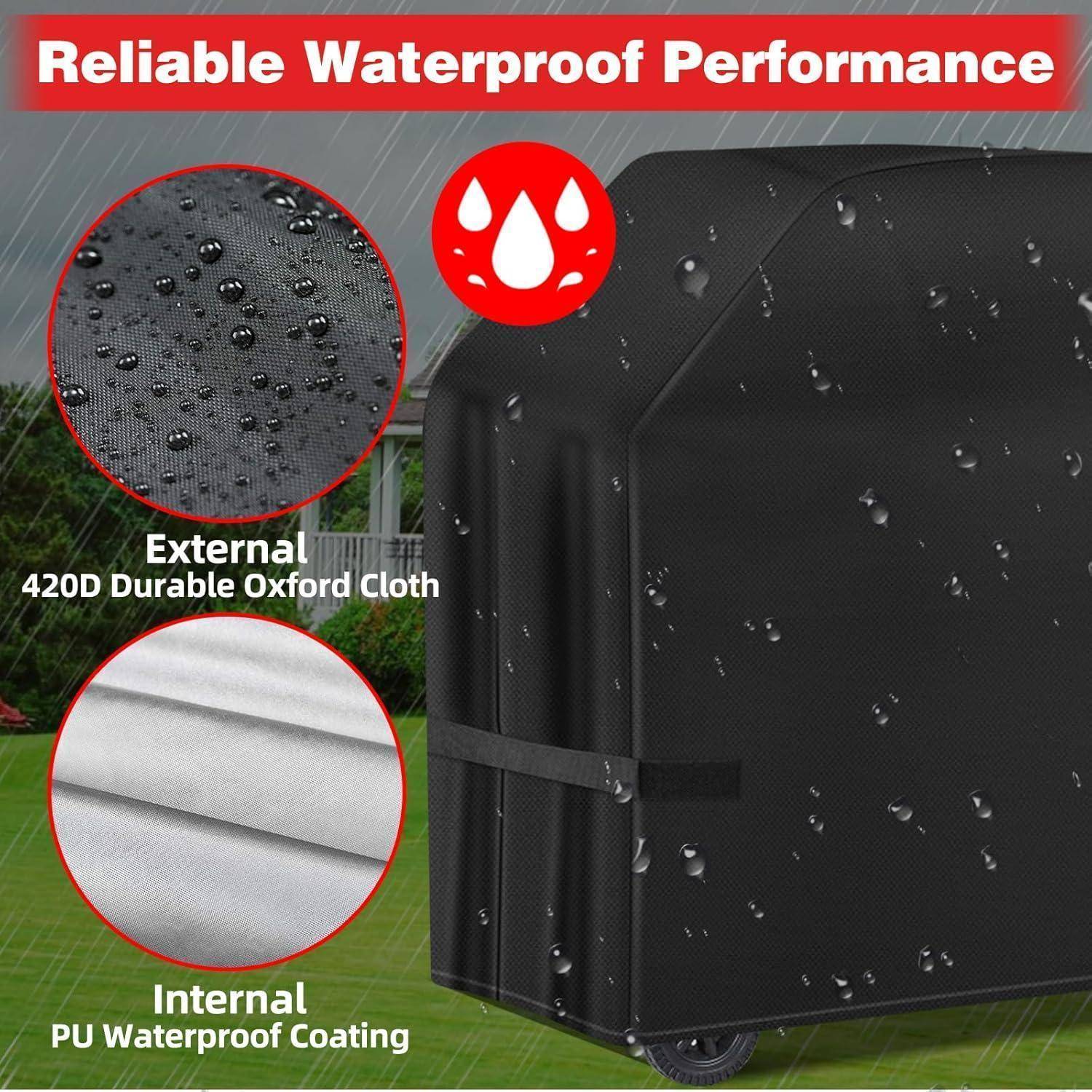 Zuverlässiger wasserdichter Schutz - Werbeplakat, das eine schwarze Abdeckung bei Regen zeigt. Ausgestattet mit strapazierfähigem 420D Oxford-Gewebe und PU-wasserdichter Beschichtung.