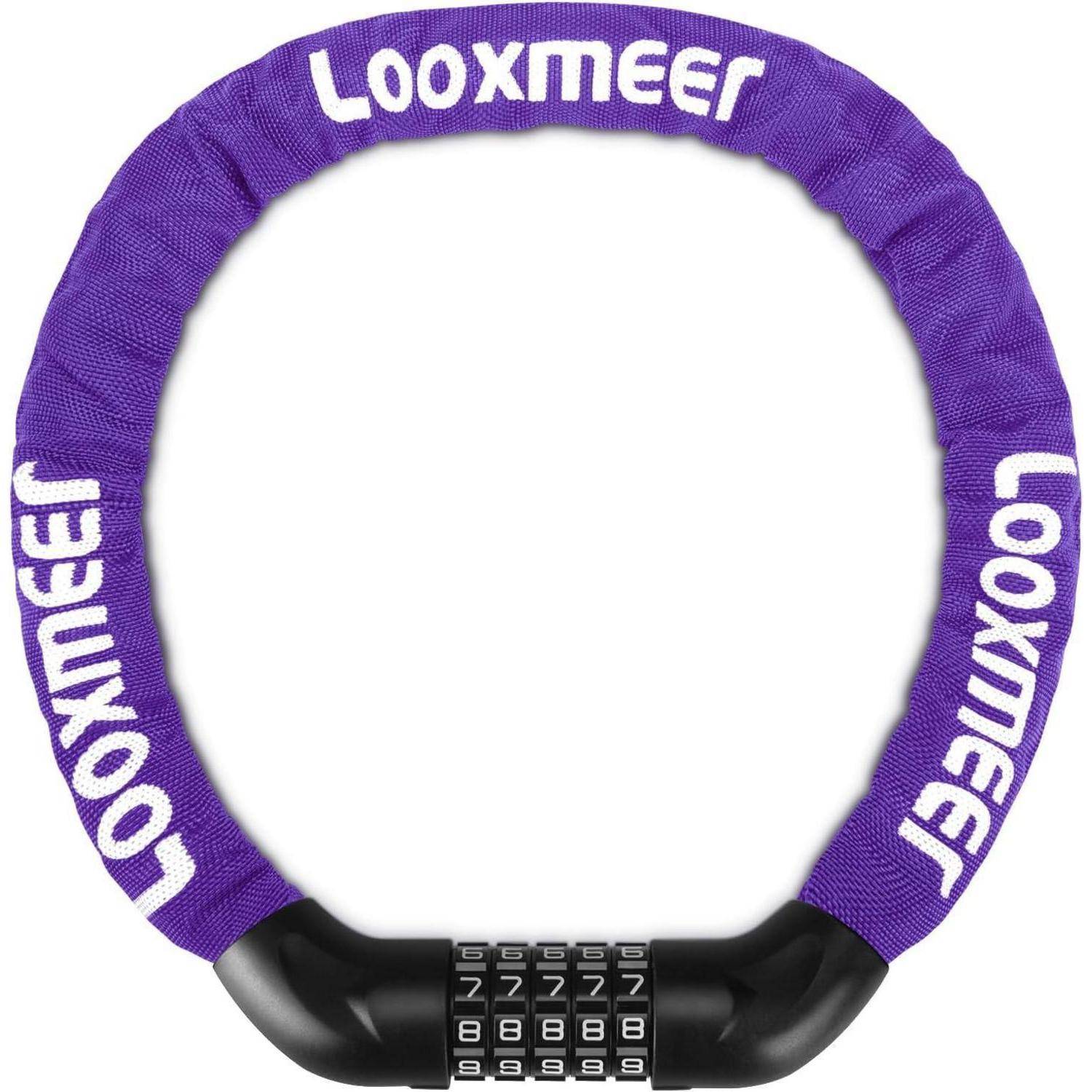 Violettes Kettenschloss mit einem Zahlenkombinationsrad und der 'Looxmeer'-Markenbezeichnung auf seinem Gehäuse.
