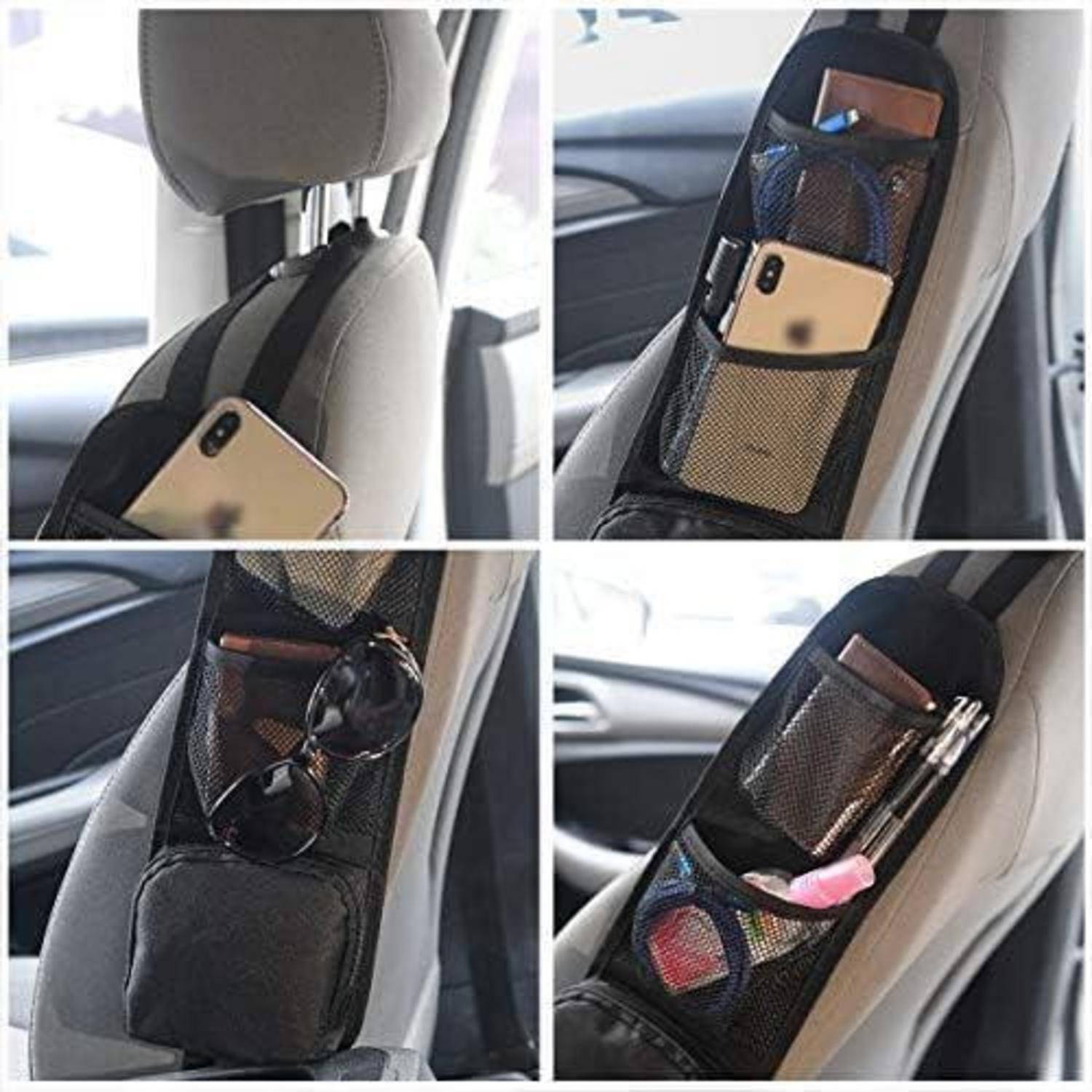Autositz-Organizer, der an einer vorderen Kopfstütze befestigt ist. Er verfügt über mehrere Netztaschen, die Gegenstände wie ein Handy, Sonnenbrille und Stifte aufnehmen können.