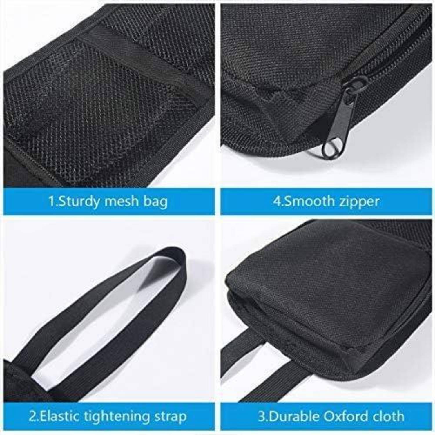 Bild, das die Merkmale einer schwarzen Tasche zeigt: '1. Robuster Netzbeutel', '2. Elastischer Spannriemen', '3. Strapazierfähiger Oxford-Stoff', '4. Gleitender Reißverschluss'.