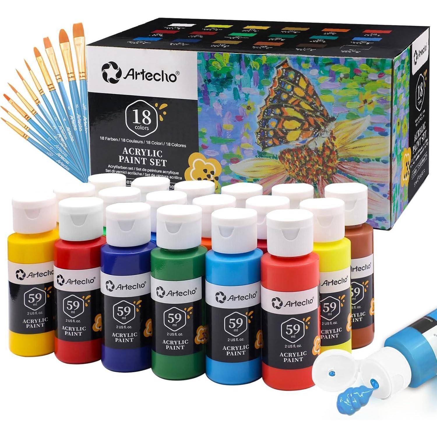 Ein Set aus 18 Artecho-Acrylfarben in verschiedenen Farben wird mit 10 Pinseln daneben präsentiert. Ein buntes Schmetterlingsbild ziert die Verpackung.